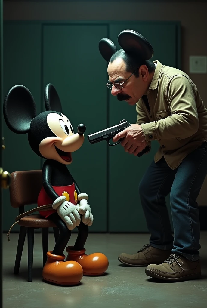 a man strapped to an electric chair while mickey mouse throws a switch