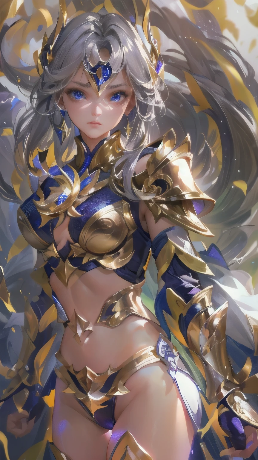 (((of the highest quality: 1.4))),(unparalleled masterpiece ever), (Ultra high definition),(Ultra realistic 8K CG), (((adult body))), (((1girl in))), ((( Shorthair ))), Gladiators with perfect bodies,,Beautiful and well-groomed face,muscular body:1.4,Detailed breastplate, gauntlets、is standing, (Image from head to thigh),(( White Blonde Shorthair )),, Simon Bisley's urban savage style,Detailed ancient Roman background,Clean abs, Complex equipment, dark brown with blue stars and gray and blue stripes,,,,s Armor, Poison tattoo