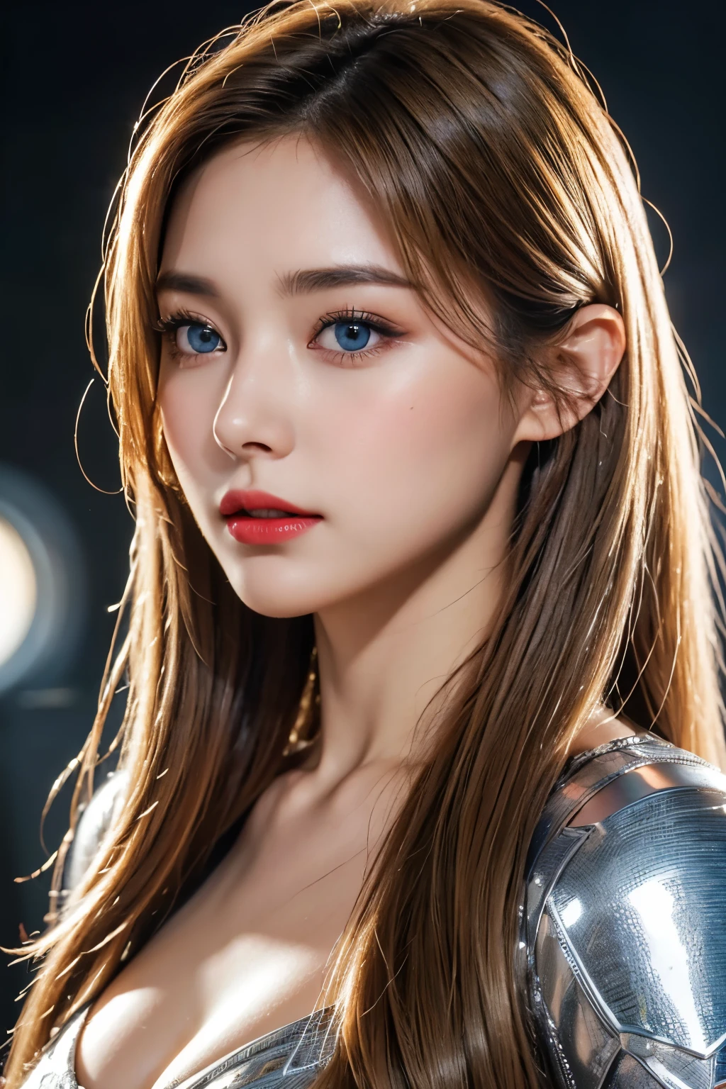 High-quality work,Realistic works,Super premium graphics,8K HD CG works,high quality graphics,High-definition and exquisite CG works,10x pixels,Ultra-fine details:1.1,Advanced technical details:1.1Realistic photo effects,Interior lighting effects:1.5,natural soft light:1.5. Light effect(Virtual light effects:1.8),ultra high resolution,shining dress,sliver long hair,silber hair,transparenthair,high detailed hair(Quality hair details:1.1)Clear eyes,Double eyelids look good,Sharp eye makeup, Create exquisite eyelash makeup, tthin eyebrows, Ultra-detailed eyes,a tall nose, lovely red lips, rosey cheeks, With delicate makeup on her face , pretty face, The face shape is perfectly proportioned,(Advanced facial details:1.1)Beautiful woman with blonde blue eyes。Details of face。Beautiful double。Passed nasal muscle。plump lips。She fits snugly and is dressed in a metallic scarlet suit.。she has a transformation belt around his waist like a Kamen Rider.。Giant space battleship advancing in outer space on female background。8K image quality。Masterpiece. ,Women's artwork,Dress full body video,Realism,Amazing Cleavage,My eyes are very bright today