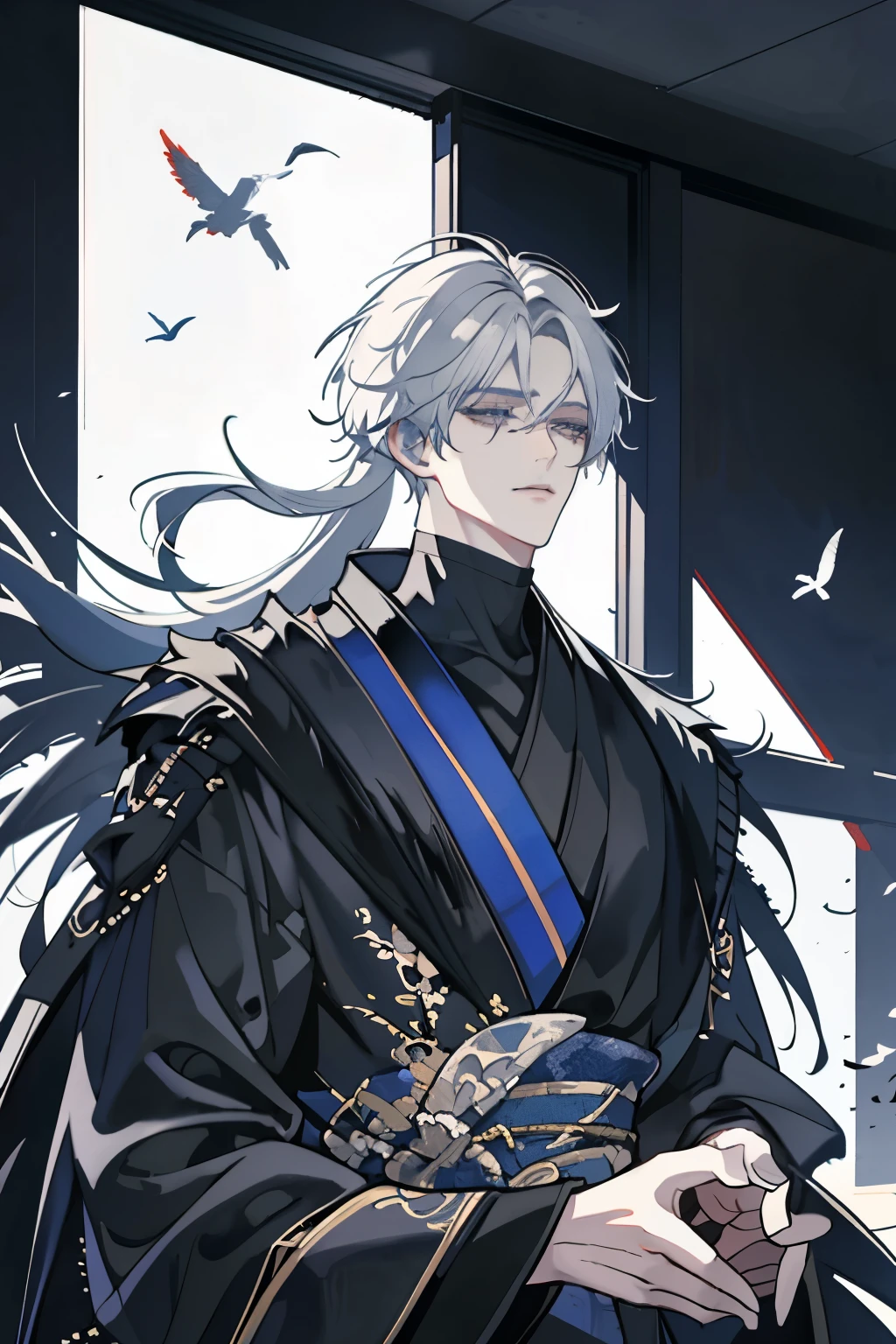 Messy hair,Broken hair,long Bangs, silver hair,Very beautiful cyberpunk digital artwork,black turtleneck, kimono,malefocus,Handsome,High-quality detailed depiction,Shoot sideways,The light and shadow change is extremely exquisite,Anime style 4K wallpaper