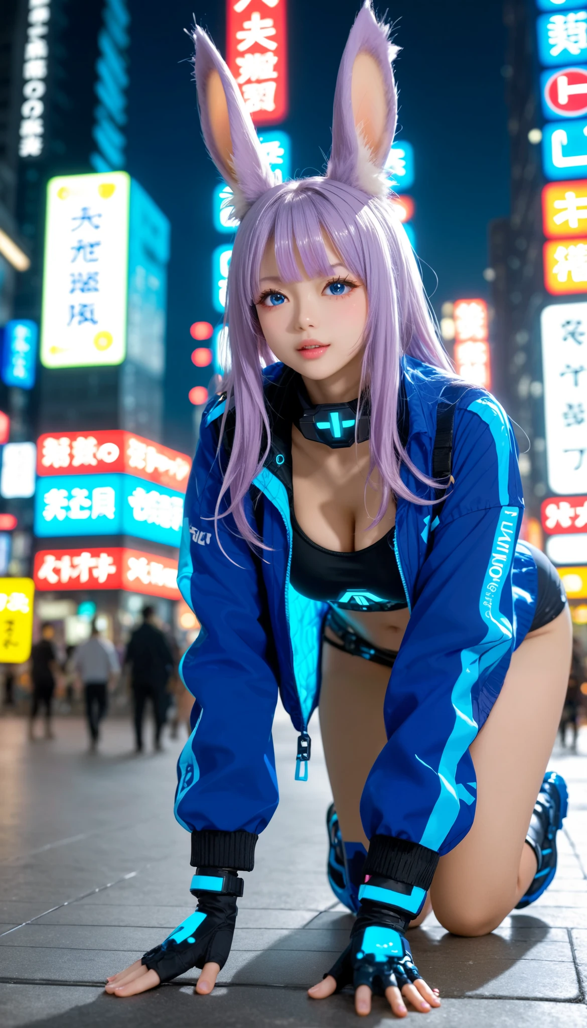 score_9, score_8_ up, score_7_ up, s uper detailed, Viera, Hausmo style , cyberpunk. robot .32K, top quality, s uper high definition ,nsfw, Official Art,( long hair 、 purple hairstyle 、 detailed blue eyes, 髪の毛で耳を隠している, 耳は髪の毛で隠れて見えない ) big breasted、( Chest、 soft-textured chest strap ) slightly protruding nipples 、 on all fours, トップダウン・ボトム up, split leg forward bend 、( black high performance cyber suit with neon border 、Cyber Armor、 purple mechanical design parts decoration 、:1.5)(Chestとへそ出し )( purple luminous parts :1.4)( wear a purple tech design coat over a jacket )( cyber city、 Skyscraper Rooftop )( soft lighting of surrounding buildings 、 look down)