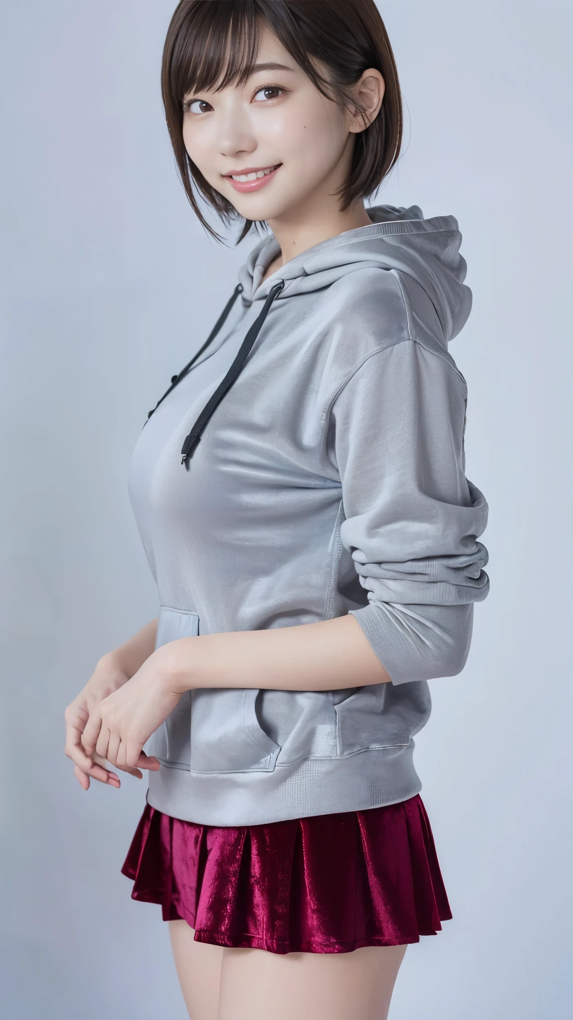 best quality,masterpiece, super high resolution, high-definition RAW color photo, professional photography, natural skin texture , fine skin, hyperrealism, smiles,gigantic breasts, dark blonde short cut hair,((gray hoodie ),velvet pleated miniskirt skirt),minimal background