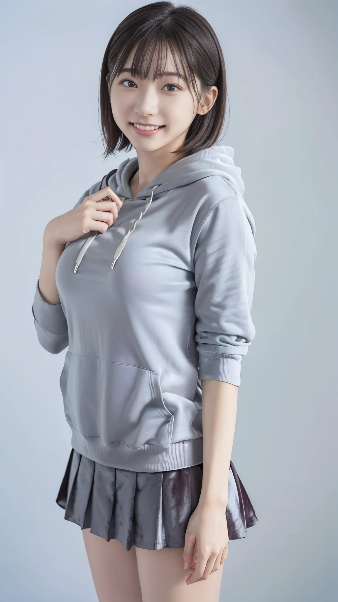 best quality,masterpiece, super high resolution, high-definition RAW color photo, professional photography, natural skin texture , fine skin, hyperrealism, smiles,gigantic breasts, dark blonde short cut hair,((gray hoodie ),velvet pleated miniskirt skirt),minimal background