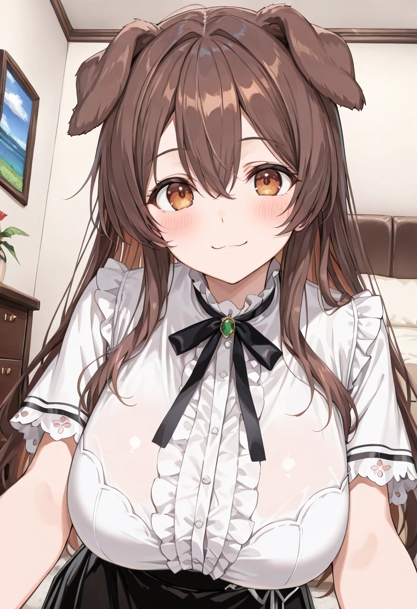 super detailed, High resolution, Very detailed CG, anime picture,(masterpiece, highest quality:1.4),1 girl, brown hair, horse ears,horse tail, twin tails, (hair ribbon:1.4), hair ribbon, brown eyes, naked,modest chest,nipple,Pussy, white stockings, sitting, waving, blue skiy