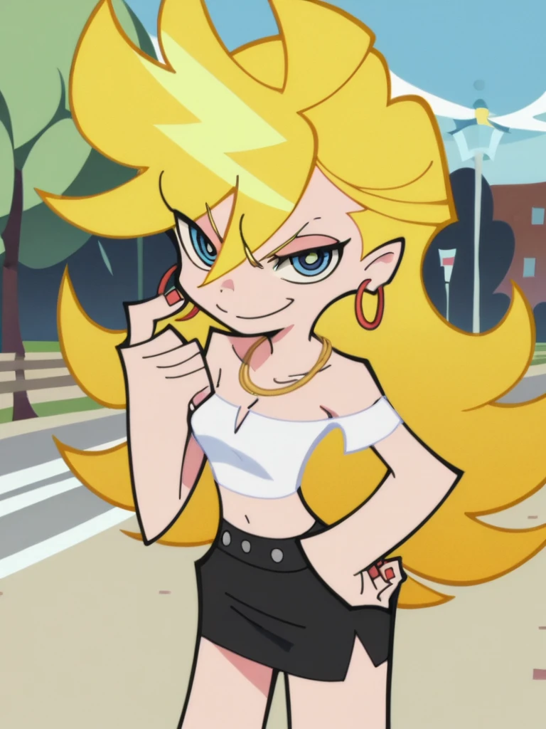 ((chibi, large head)) masterpiece,best quality, highly detailed, pacifica northwest from gravity falls, 1girl, solo, cleavage, blonde hair, earrings, jewelry, makeup,, blue eyeshadow, boots, looking at viewer, blunt bangs, bangs, long hair, belt, hoop earrings, purple jacket, angry expression, clenching teeth, blushing blue eyes, ponytail,((skirt lift, pussy)), pencil skirt, standing, full body, brown boots,seen from below, dynamic angle , purple hairband