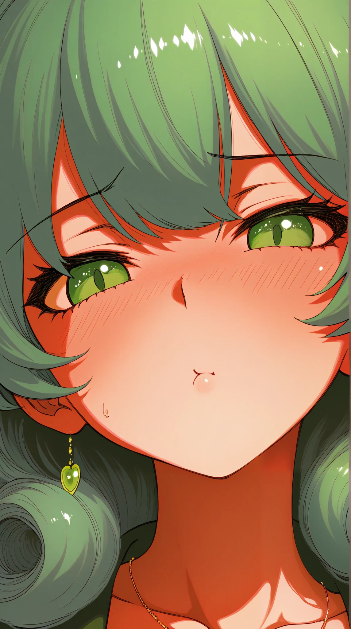 asian high school girl, focus on eyes, close up on face, pouting, wearing jewelry, apple green color hair styled Faux Hawk with Curly Hair, freckled face, slender, pale, shiny skin, anime, manga, heavy blushing,