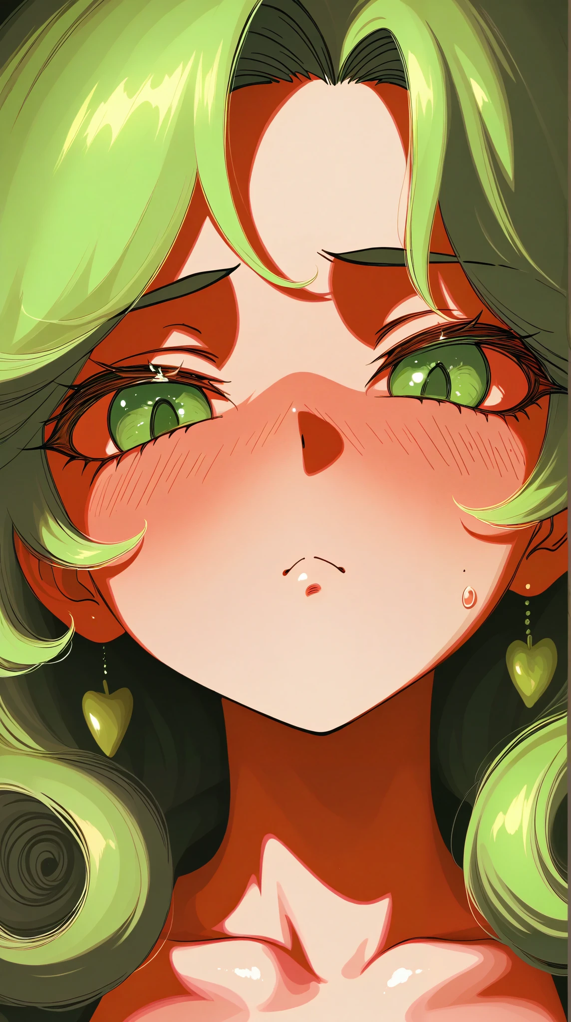 asian high school girl, focus on eyes, close up on face, pouting, wearing jewelry, apple green color hair styled Faux Hawk with Curly Hair, freckled face, slender, pale, shiny skin, anime, manga, heavy blushing,