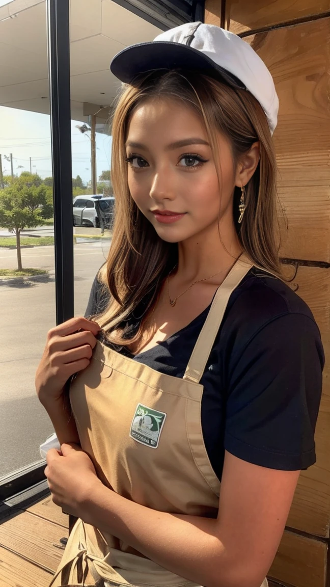 ((beste-Qualit、8K、巨作:1.3))、sharp foc:1.2、A beautiful woman with perfect body:1.4、((Layered Haircut、small tits:1.2))、(no-bra) (Small and beautiful hard nipple) 、(Green Apron at Starbucks)、(Inside the Starbucks store:1.2)、Starbucks apron、Wet Body:1.1、Highly detailed facial and skin texture、 Detailed eye、双眼皮、sunburnt skin、A sexy、suntanned
