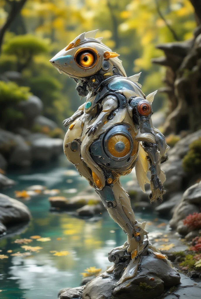 pinkfluxproultrafantasia, aidmaimageupgrader
A charming photographic illustration of an anthropomorphic Japanese robot goldfish, standing gracefully by the edge of a tranquil Zen garden lake. The goldfish has a vibrant metallic body adorned with intricate patterns and designs, blending traditional Japanese aesthetics with futuristic robotics. Its large, expressive eyes convey intelligence and curiosity, while delicate mechanical fins and a flowing tail add to its whimsical appearance. The background features a serene Zen garden, complete with carefully arranged stones, bonsai trees, and gently rippling water that reflects the peaceful surroundings. Soft sunlight filters through the trees, creating a warm and inviting atmosphere that emphasizes the harmony between nature and technology.
