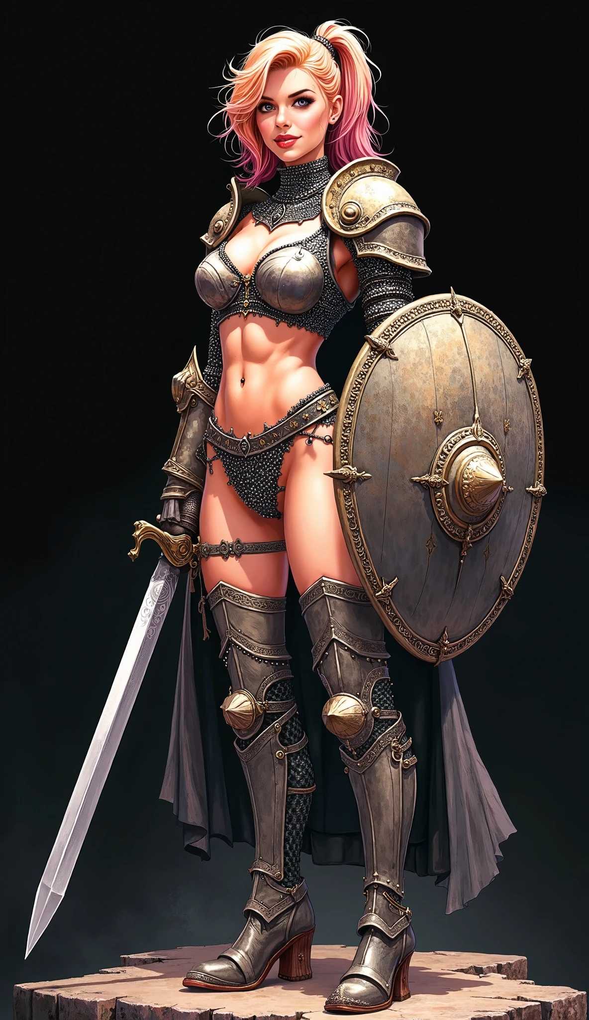 woman, ((long hair)), blackblue hair, ((beautiful)), ((straight hair:1.4)), hair split in middle, adorned in medieval armor, twerking, metal muscles, emanating a medieval elegance and marvel, armor pump bootreastplate)), chrome silver tiara, small armband, (shoulder armor), gauntlets, ((armored thong:1.5)), sword, shield, exposed midriff, (puffy lips:1.3), detailed eyes, ((slendered abs )),((sweaty), wide hips, (puffy lips:1.5), slender abs,rim lighting, side light, cinematic light, ultra high definition, 8k, film grain,best shadow, light particles, detailed skin texture, detailed gem armor texture, detailed face, intricate details, super detailed, bright, spiked heel boots