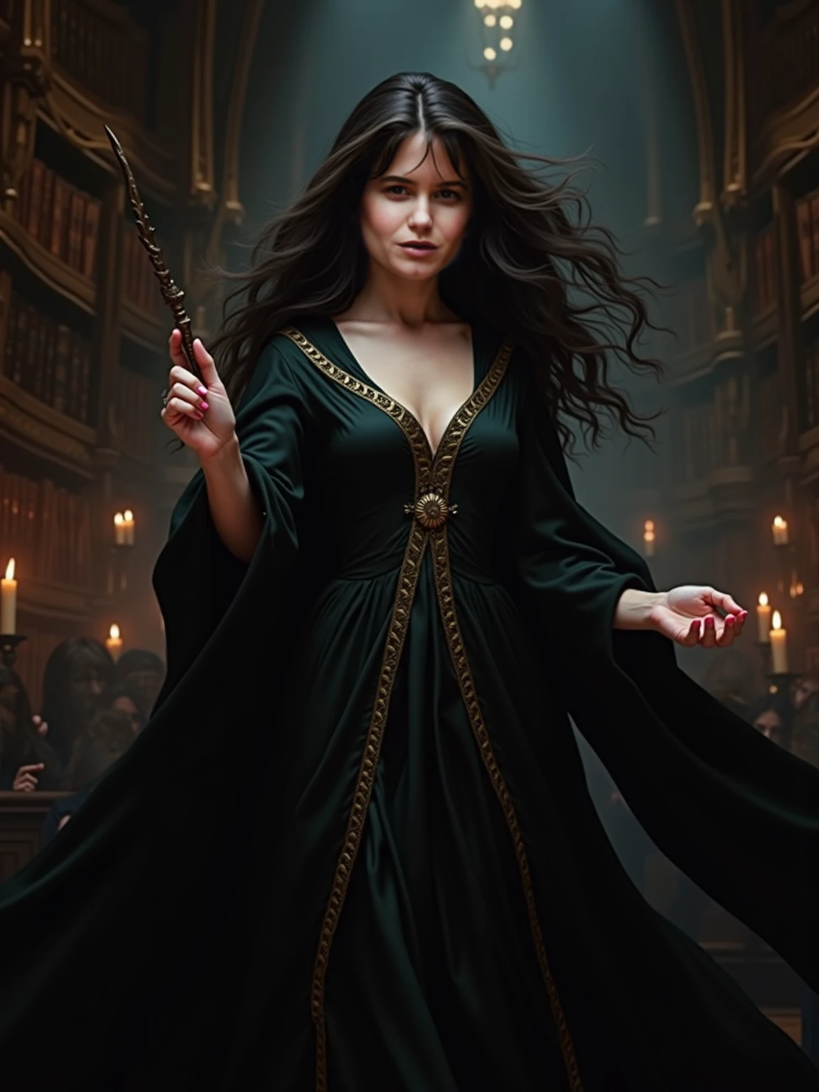backside photo of pale woman long curly brown hair, griffindor witch, freckles, choker (hogwarts robe:1.1) (massive breasts:1.2), (holding a wand:1.1) (black eyeshadow), (background bokeh hogwarts hallway), (hand on her pussy:1.2), (character design by greg rutkowsky and ilya kuvshinov and artgerm:0.5), (naughty smile:1.1), (focus on the eyes), Key light, (natural light), soft focus, Cinematic portrait photography by Harry Potter, (visible pores:0.3) (high detailed skin:0.9), 4k high quality, (full body:1.2),