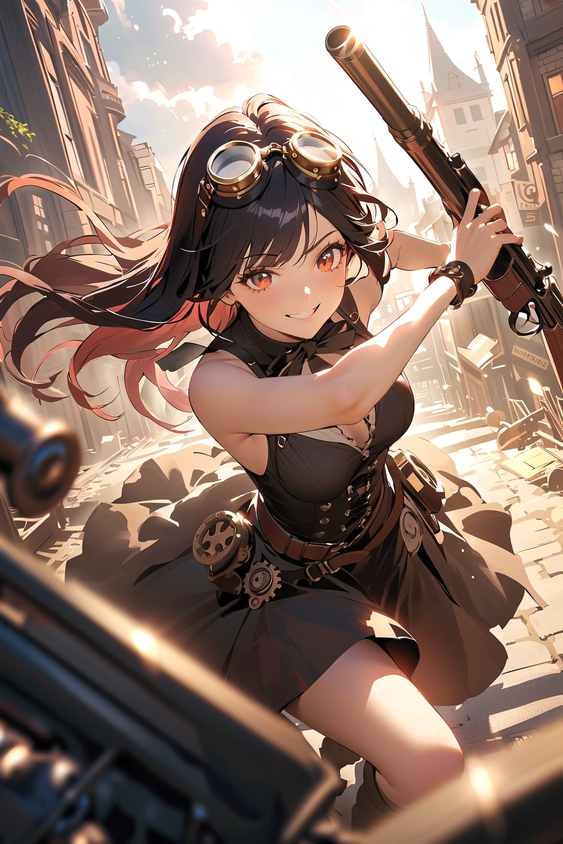 masterpiece, best quality, full body, 1girl, bangs, black choker, black necktie, black hair, blue skirt, blush, bracelet, breasts, choker, clothes around waist, collarbone, collared shirt, cowboy shot, dress shirt, ear piercing, eyebrows visible through hair, gradient hair, grin, gyaru, jewelry, kogal, long hair, looking at viewer, loose necktie, necktie, piercing, plaid, plaid skirt, pleated skirt, red eyes, ring, school uniform, shirt, skirt, smile, solo, white shirt, street, sky, cherry blossoms, petals,illustration, (magazine:1.3), (cover-style:1.3), fashionable, woman, vibrant, outfit, posing, front, colorful, dynamic, background, elements, confident, expression, holding, statement, accessory, majestic, coiled, around, touch, scene, text, cover, bold, attention-grabbing, title, stylish, font, catchy, headline, larger, striking, modern, trendy, focus, fashion, --auto