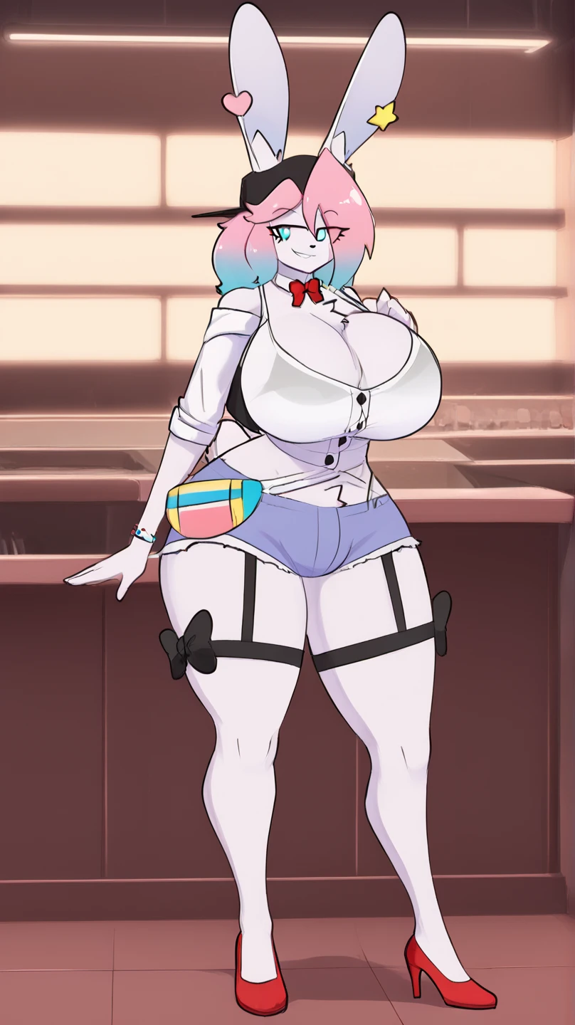 best quality, amazing quality, very aesthetic, absurdres, masterpiece, 4k, countershading, shadows, cell shaded, subsurface scatter, detailed, rim lighting, spotlight,pop colors
(Solo) PB, furry, busty boy, big breasts, white shirt closed buttons, black vest, red bowtie, big hips, rabbit ears, black short shorts, cleavage, pose, bulge, smile, hat, blue eyes, pink gradient hair, working in bar, glossy red high heels, by theycallhimcake,