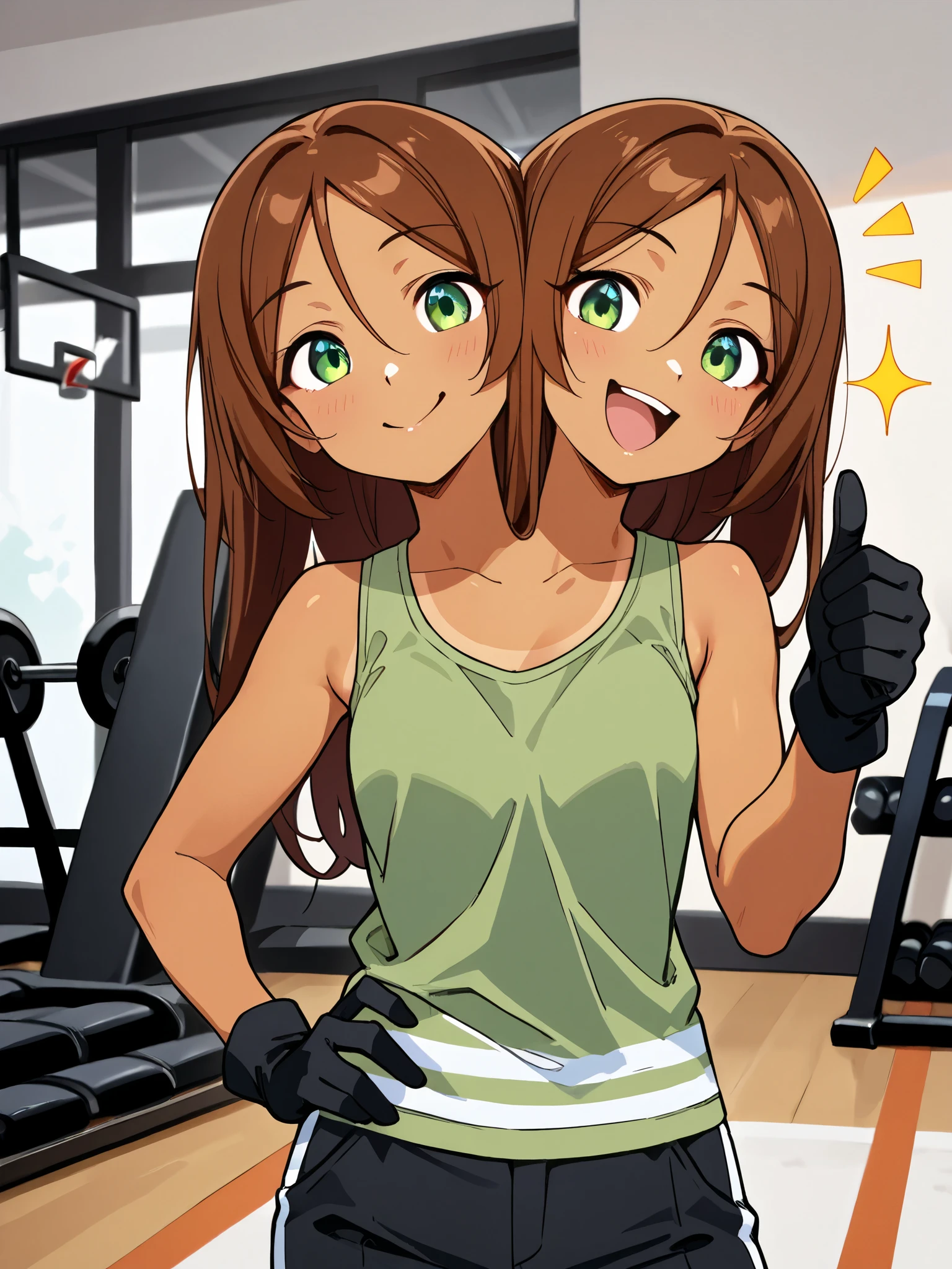(masterpiece, best quality), best resolution, (2heads:1.5), 1girl, anime girl with two heads, brown hair, green eyes, different facial expressions, right head smiles with one eye closed, left head mouth open, sassy, happy, green tank top with white stripes, black gloves, thumbs up, black pants, gym