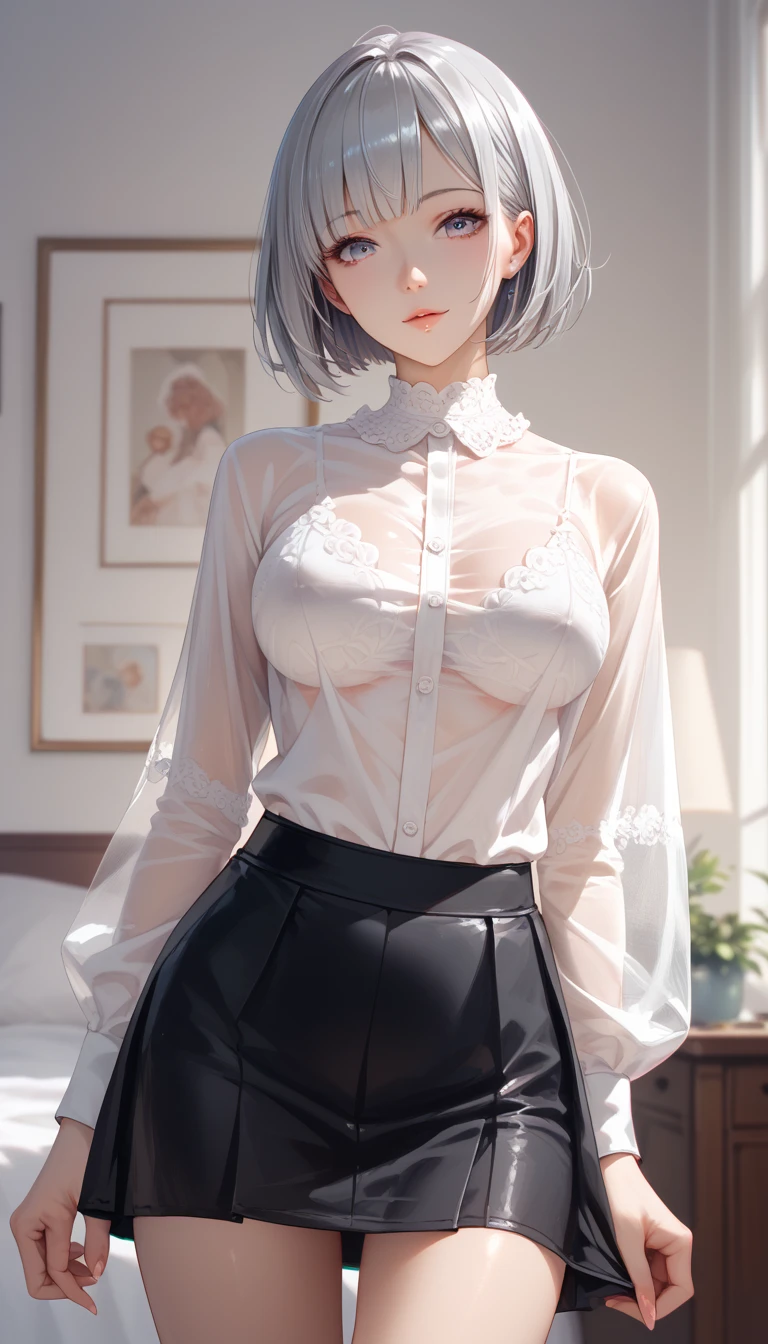 ((younger sister)), Realistically, Highest quality, (((((Silk shirt: 1.5)))), ((Super high-leg pants)), (See-through)))), (show one's upper body)))), Full Body Lesbian, (Large Breasts), (20 years), ((Above the knee stockings: 1.5)), (Breasts: 1.9)))), (Raised : 1.8))))), (((((Spread your legs: 1.8)
