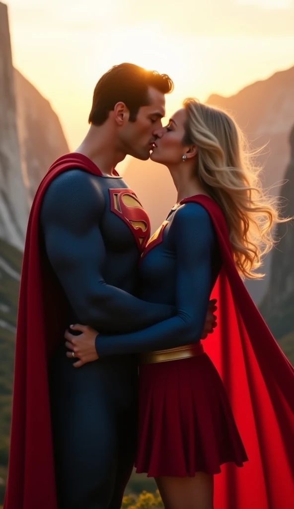 Super girl and superman are kissing, she is pregnant, intimate, bare belly