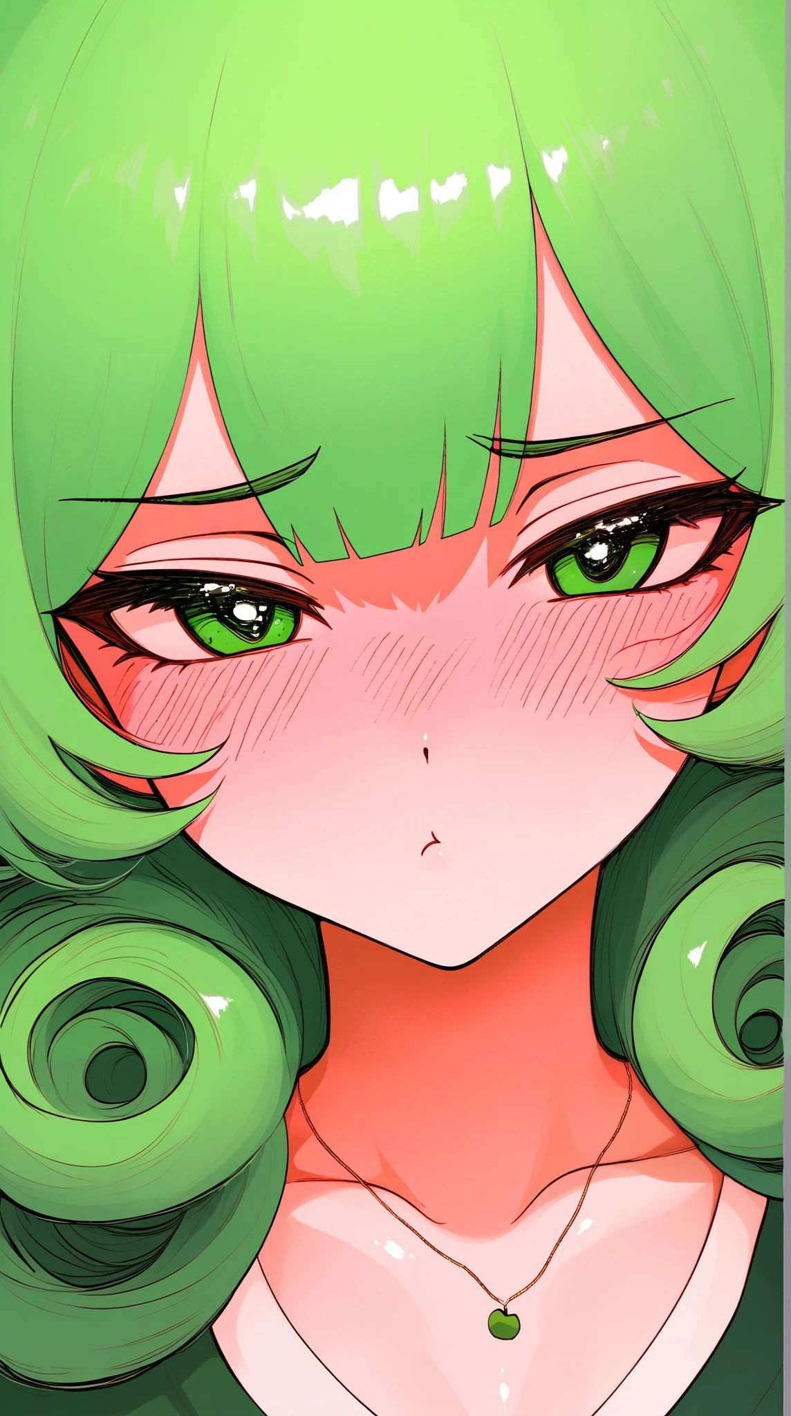 asian high school girl, focus on eyes, close up on face, pouting, wearing jewelry, apple green color hair styled Faux Hawk with Curly Hair, freckled face, slender, pale, shiny skin, anime, manga, heavy blushing,