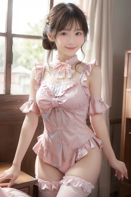 (Close-up:1.4)、(RAW shooting:1.2)、(photorealistic:1.4)、(masterpiece:1.3)、(highest quality:1.4)、solo、7 head and body、(slender and beautiful girl)、cute、(beautiful detailed eyes)、(charming big eyes)、(beautiful double eyelids)、8K、Velvet bunny costume、velvet、Bunny girl black costume、bunny girl figure、bokeh background、 Blurred feeling、 transparent material shoulder strap、 girl's room、smile、happy eyes、white skin、pretty girl、looking at the camera、High heel、rabbit ears、(Medium chest:1.2)、(cleavage)、(full body shot)、white choker and black bow tie、White cuffs、brown hair、(small butt)、(beautiful hands)、(beautiful thighs)、cute系、(perfect anatomy:1.2)、