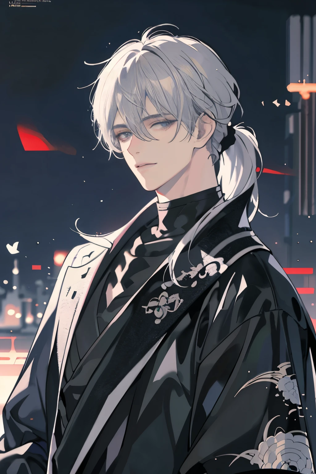 Messy hair,Broken hair,long Bangs, silver hair,Very beautiful cyberpunk digital artwork,black turtleneck, kimono,malefocus,Handsome,High-quality detailed depiction,Shoot sideways,The light and shadow change is extremely exquisite,Anime style 4K wallpaper