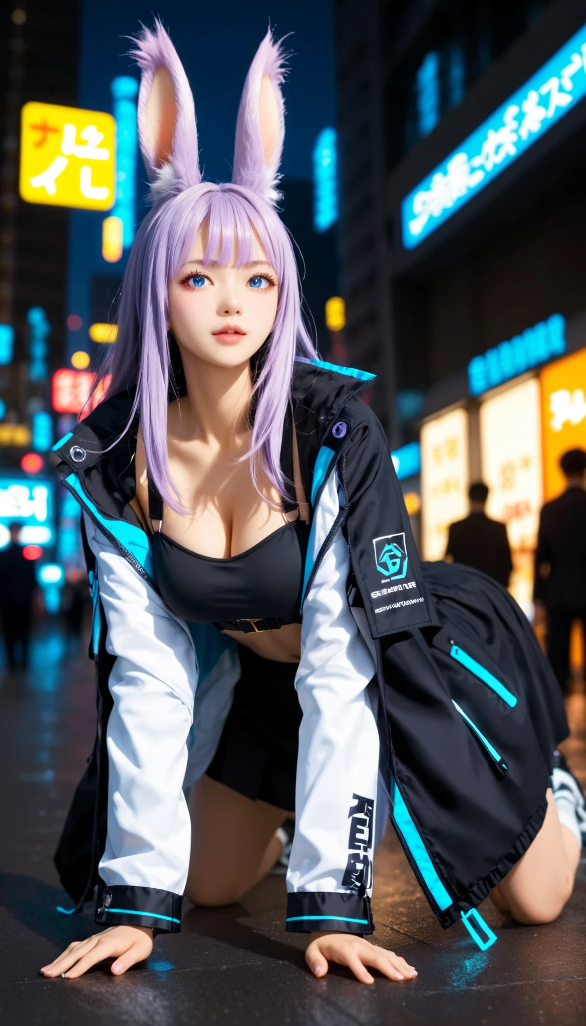 score_9, score_8_ up, score_7_ up, s uper detailed, Viera, Hausmo style , cyberpunk. robot .32K, top quality, s uper high definition ,nsfw, Official Art,( long hair 、 purple hairstyle 、 detailed blue eyes, 髪の毛で耳を隠している, 耳は髪の毛で隠れて見えない ) big breasted、( Chest、 soft-textured chest strap ) slightly protruding nipples 、 on all fours, トップダウン・ボトム up, split leg forward bend 、( black high performance cyber suit with neon border 、Cyber Armor、 purple mechanical design parts decoration 、:1.5)(Chestとへそ出し )( purple luminous parts :1.4)( wear a purple tech design coat over a jacket )( cyber city、 Skyscraper Rooftop )( soft lighting of surrounding buildings 、 look down)