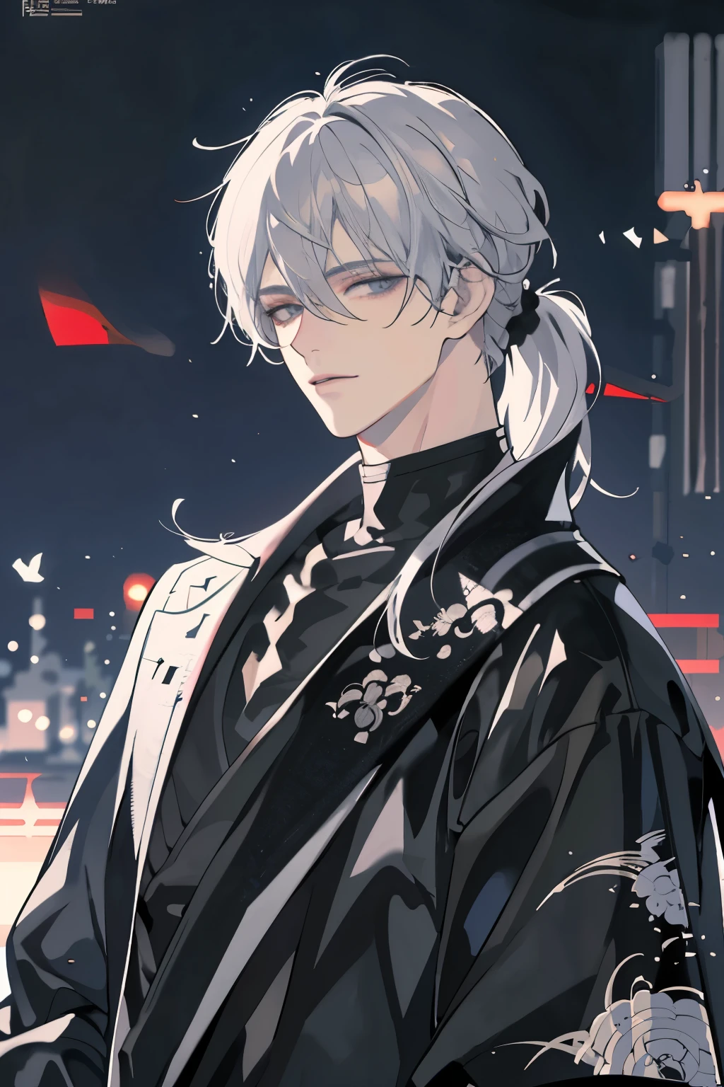 Messy hair,Broken hair,long Bangs, silver hair,Very beautiful cyberpunk digital artwork,black turtleneck, kimono,malefocus,Handsome,High-quality detailed depiction,Shoot sideways,The light and shadow change is extremely exquisite,Anime style 4K wallpaper