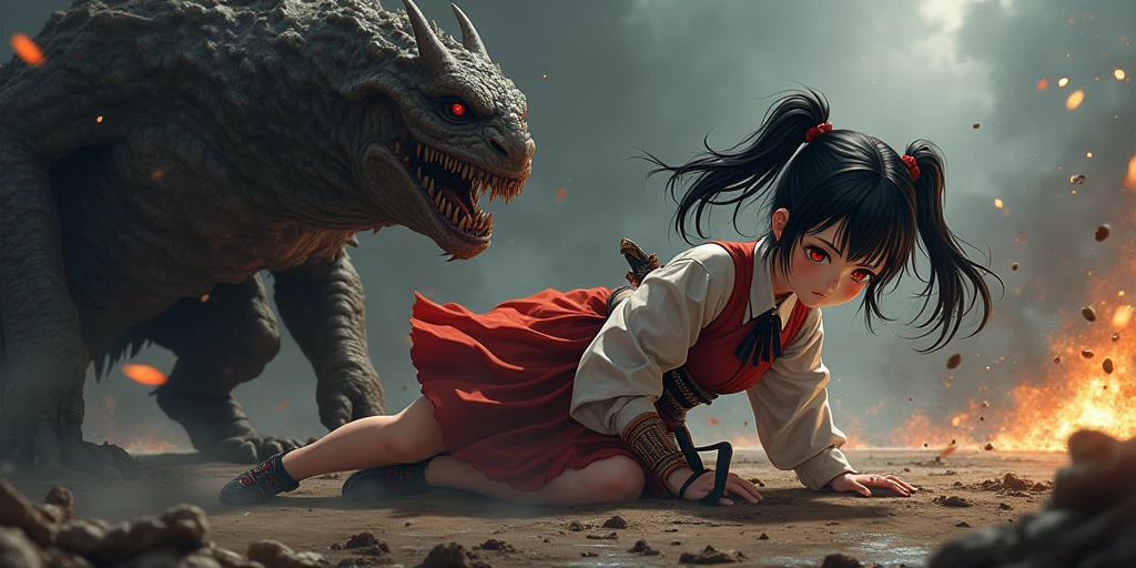 (in 8K、RAW Photos、top-quality、masterpiece:1.2)、(realisitic、Photorealsitic:1.37)、ultra-detailliert、超A high resolution、(Giant Dragon:1.2)、Beautiful 15-year-old high school girl in Japan attacked by a giant dragon in devastated Tokyo、terrified expression、School Uniforms、Schoolgirl Uniform、(Torn and dirty tattered sailor suit:1.2)、disheveled clothing、ripped fabric、(Clothes with blood stains:1.2)、Short pleated skirt、(Torn skirt:1.2)、Dirty hair、smudged face、(skin stained with blood and dust:1.2)、Running through the rubble、building crumbling、Burning flame、stunningly beautiful face、dynamic ungle、动态照明
