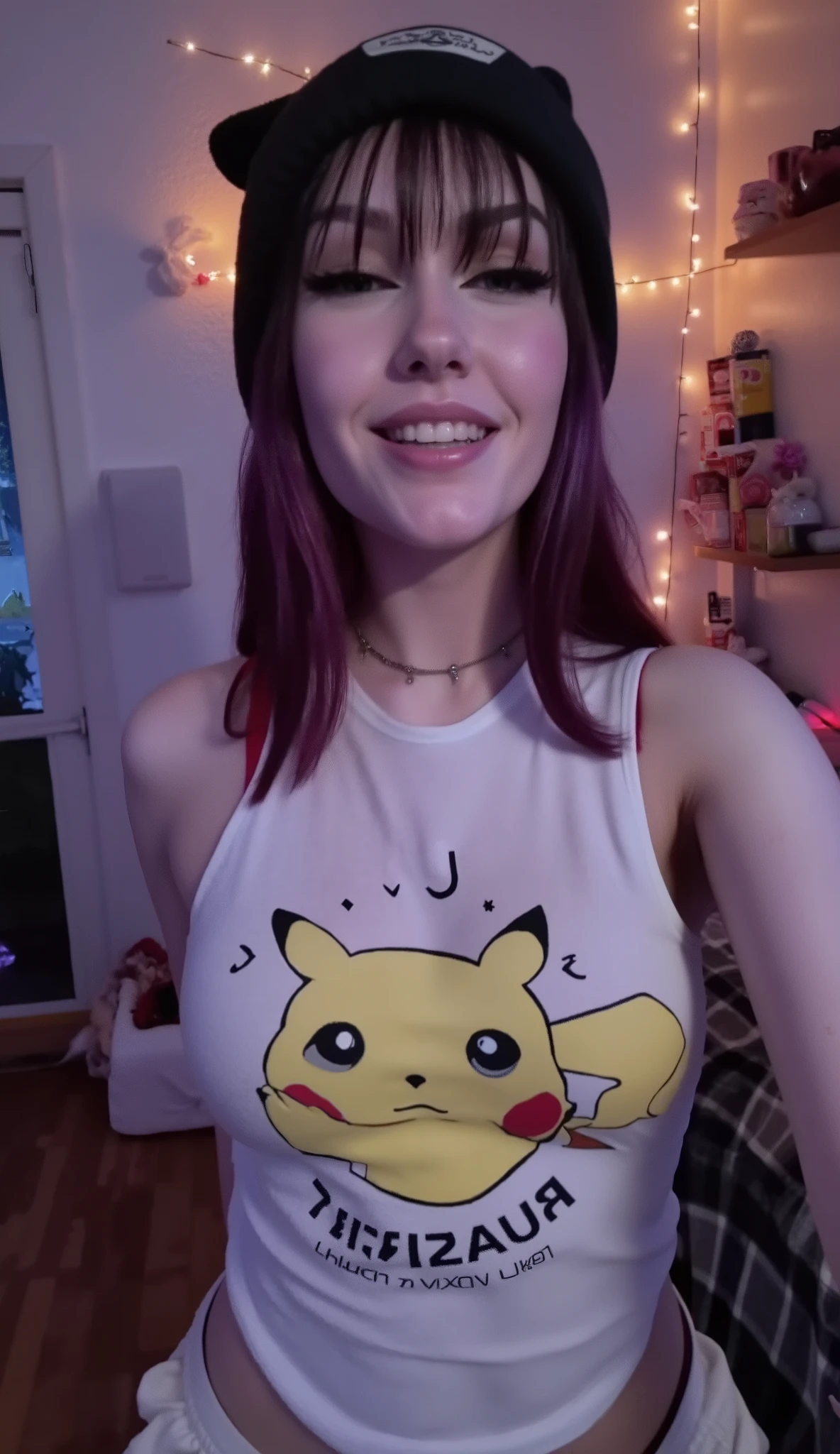 1 irma , cabelo com 4 cores diferentes, labios carnudos, botox, listas de cores no cabelo, dark haired , young appearance, makeup colorida , eyeliner , long hair with threads around the forehead, separated fringe , dark collar , VESTINDO PIJAMAS DE Pikachu, usando toucas com orelhas de gatinho, shoulders, looking, contact view , Home porch , medium lights , window, night, moonrays through the environment , vintage aesthetics, mulher latina america do sul, standing, sorriso, rosto redondo, olhos grandes
