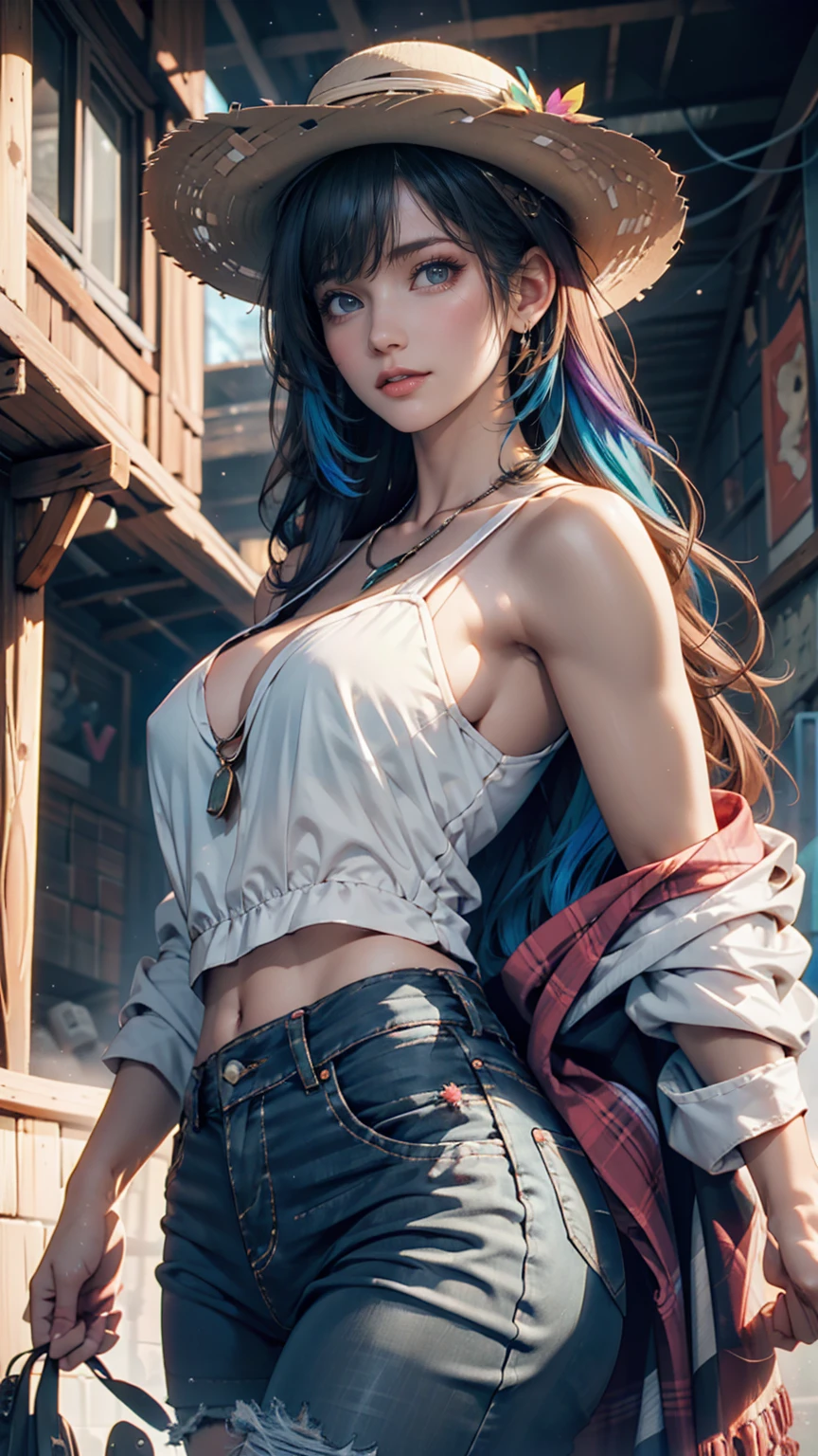 best image quality, masterpiece, super high resolution, (fidelity:1.4), photo, 1 girl, white shirt, torn jeans, white sneakers, dim, darkness, despair, pity, poor, movie, tears, teardrops, (torn clothes:1.5), (wet clothes:1.4), bare shoulders, real rain, wet hair, official art, unity 8k wallpaper, ultra detailed, beautiful and aesthetic, masterpiece, best quality, (zentangle, mandala, tangle, entangle), (fractal art:1.3) , 1girl, extremely detailed, dynamic angle, cowboyshot, the most beautiful form of chaos, elegant, a brutalist designed, vivid colours, romanticism, by james jean, roby dwi antono, ross tran, francis bacon, michal mraz, adrian ghenie, petra cortright, gerhard richter, takato yamamoto, ashley wood, atmospheric, ??????? of musical notes, streaming musical notes visible. (masterpiece, top quality, best quality, official art, beautiful and aesthetic:1.2), (1girl:1.3), extremely detailed,(crotch tattoo), transparent top clothing, (fractal art:1.1),(colorful:1.1)(feathers:1.3),highest detailed,(zentangle:1.2), full body, (abstract background:1.3), (shiny skin), (many colors:1.4), ,(earrings), best quality, ultra-detailed, super detailed skin, cute, extremely detailed, 8K, solo, single, dynamic angle, beautiful female, belly button, blash, smile, uncensored, motion, navel, croptop, two-tone hair color, HDR, wind, perfect hand, active, ART STYLE