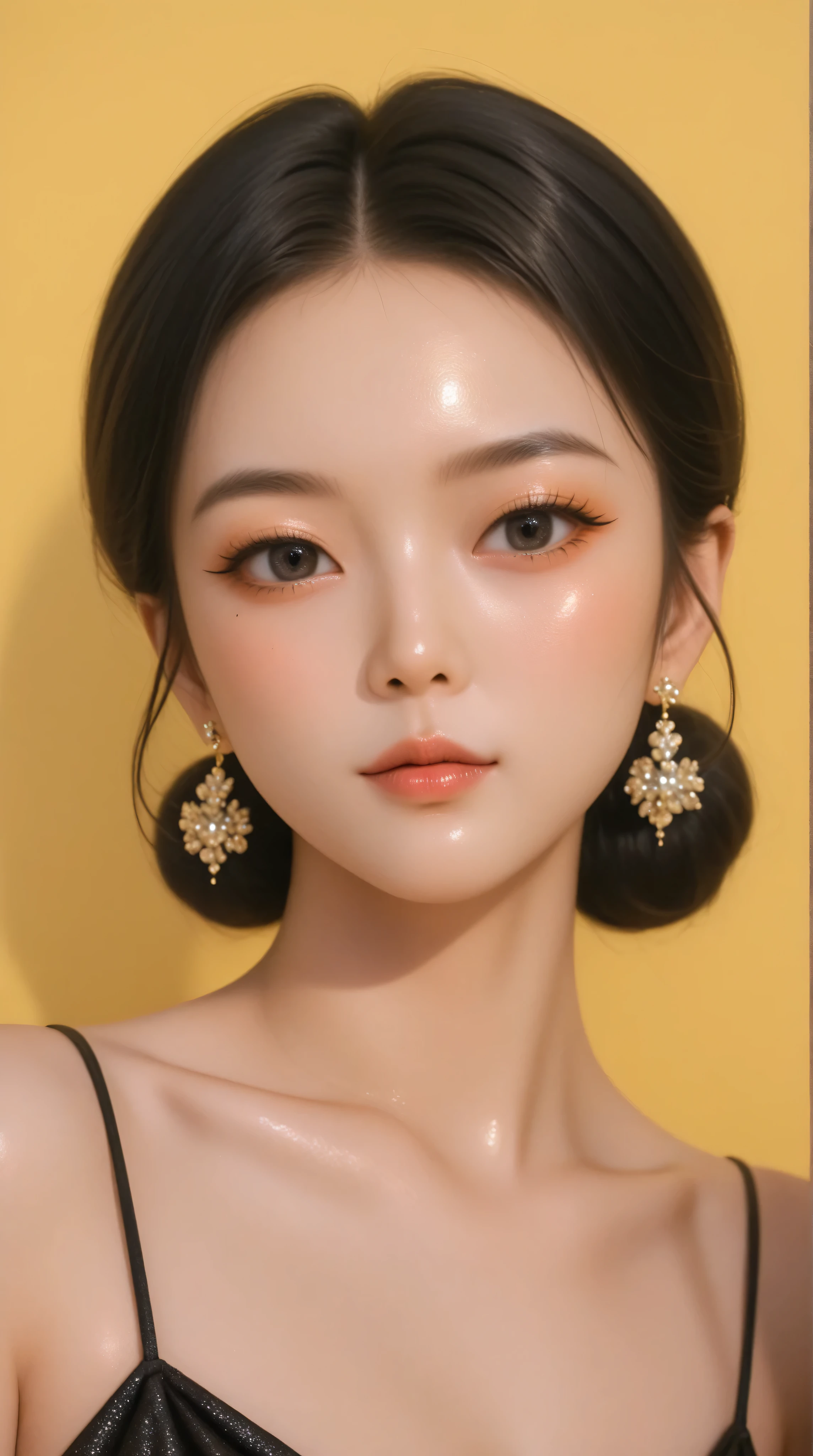 80’s glam rock makeup on shiny android face, anime, 2.5D, Glittery face, moody lighting, (yellow and black palette), iridescent face, abstract ai model, pretty, sexy, minimal, sleek, slender, asian, elegant, futuristic, retro, sophisticated half human half machine, close up face portrait, Kizi,Highly detailed, Amazing work,Vitreous luster,((clean backdrop)),blacks, yellows,Best quality at best,clean backdrop。shiny skin, colorful background, plain background, gold background, black background,