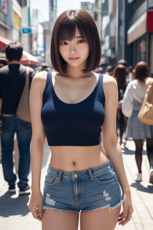In the crowd、In the crowd、Japanese women、30 years old、Grey long sleeve、(length, Tight shirt:1.2)、(Tops that accentuate the curves of your bust、expensive、Center of chest:1.4)、Wearing black chinos、Wear sneakers、(Black Hair、Slightly wavy bob)、Small Beauty、(thin:1.4)