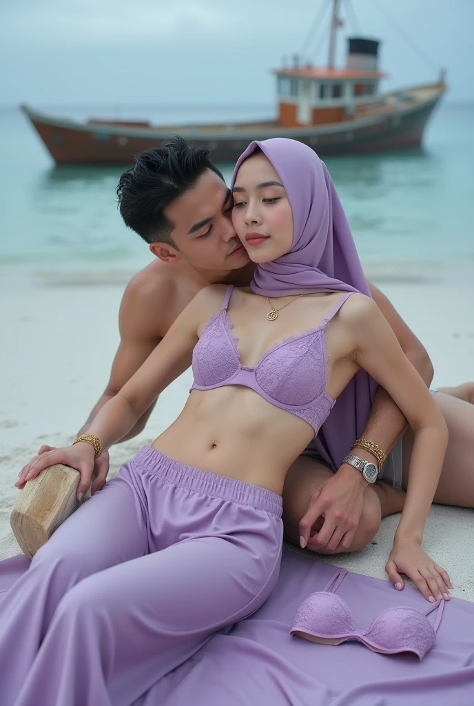 A young Indonesian husband and wife, 25 years old, were relaxing and playing in the rain in the swimming pool behind the cafe. The man had a tattoo on his chest and white sports shorts. The woman wears a hijab with dark brown skin, beautiful body, wearing a transparent pink swimsuit, the man squeezes the woman's chest from behind. woman raises both hands