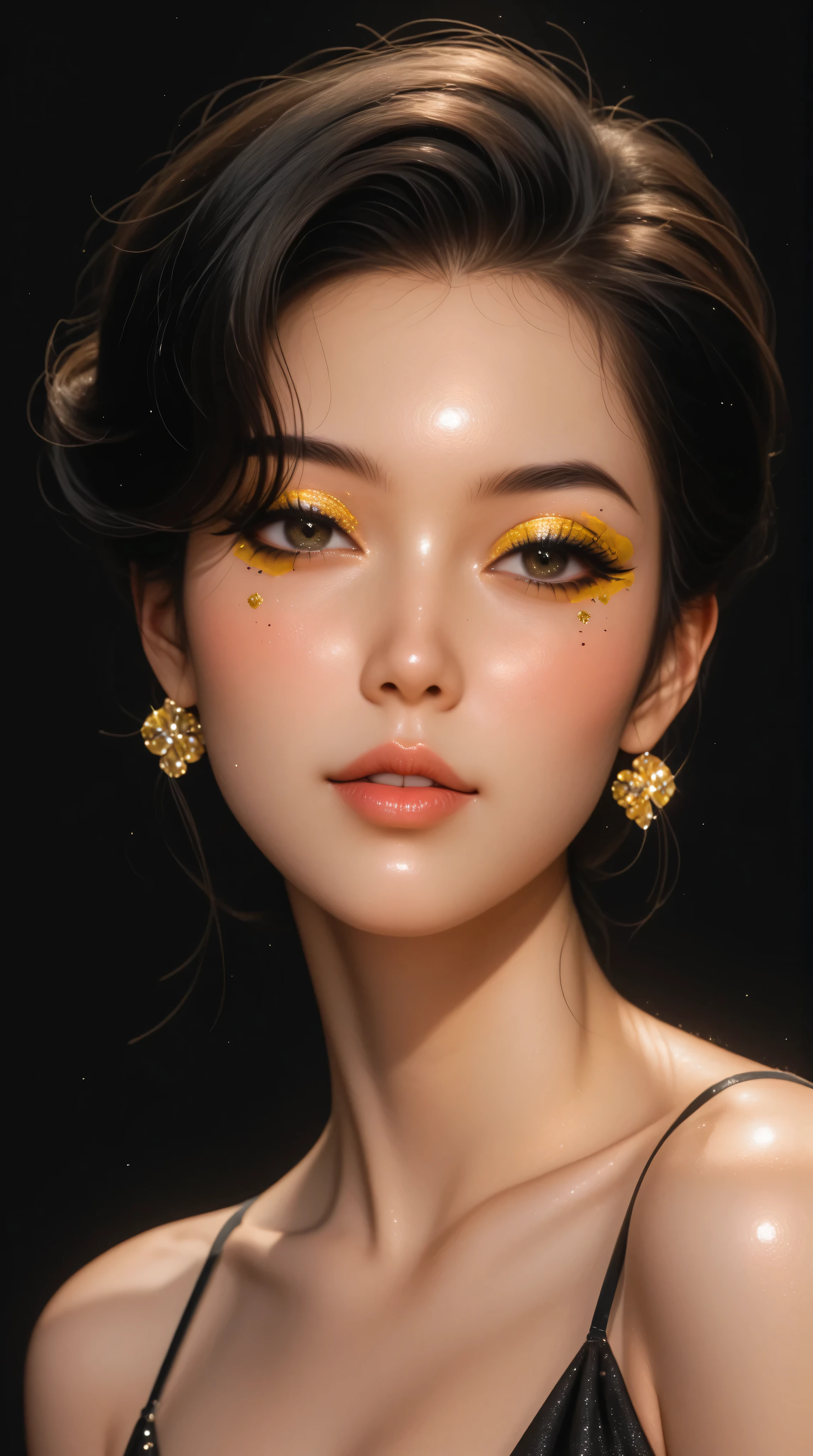 80’s glam rock makeup on shiny android face, anime, 2.5D, Glittery face, moody lighting, (yellow and black palette), iridescent face, abstract ai model, pretty, sexy, minimal, sleek, slender, asian, elegant, futuristic, retro, sophisticated half human half machine, close up face portrait, Kizi,Highly detailed, Amazing work,Vitreous luster,((clean backdrop)),blacks, yellows,Best quality at best,clean backdrop。shiny skin, colorful background, plain background, gold background, black background,