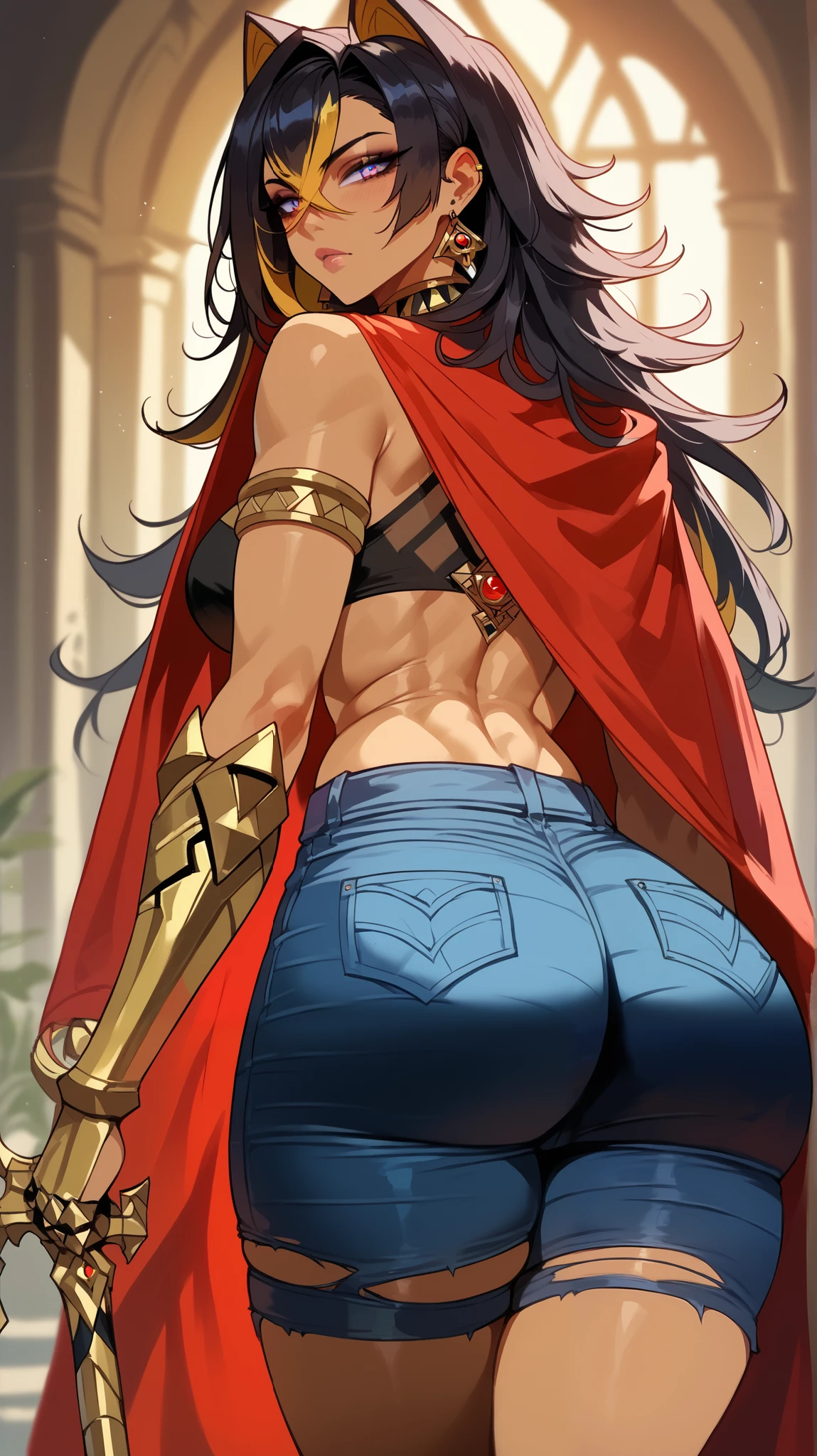 (high resolution, pixel perfect, gorgeous illustrations), (hyper quality, muste piece, etheric: 1.4), (1girl), ((looking_back)), ((all_fours, top-down bottom-up)),
((hand_on_own_ass)), ((((ass_focus)))), (very long hair), black hair, yellow eyes, ((((anger)))), (((((((muscular))))))), ((thick thighs)), (((wide hips))), ((Big breasts that are about to burst)), fighter, (((woman))), ((mature woman)), (((wh_chi_armor))), (lewd woman), (shiny skin), (((facial lash))),