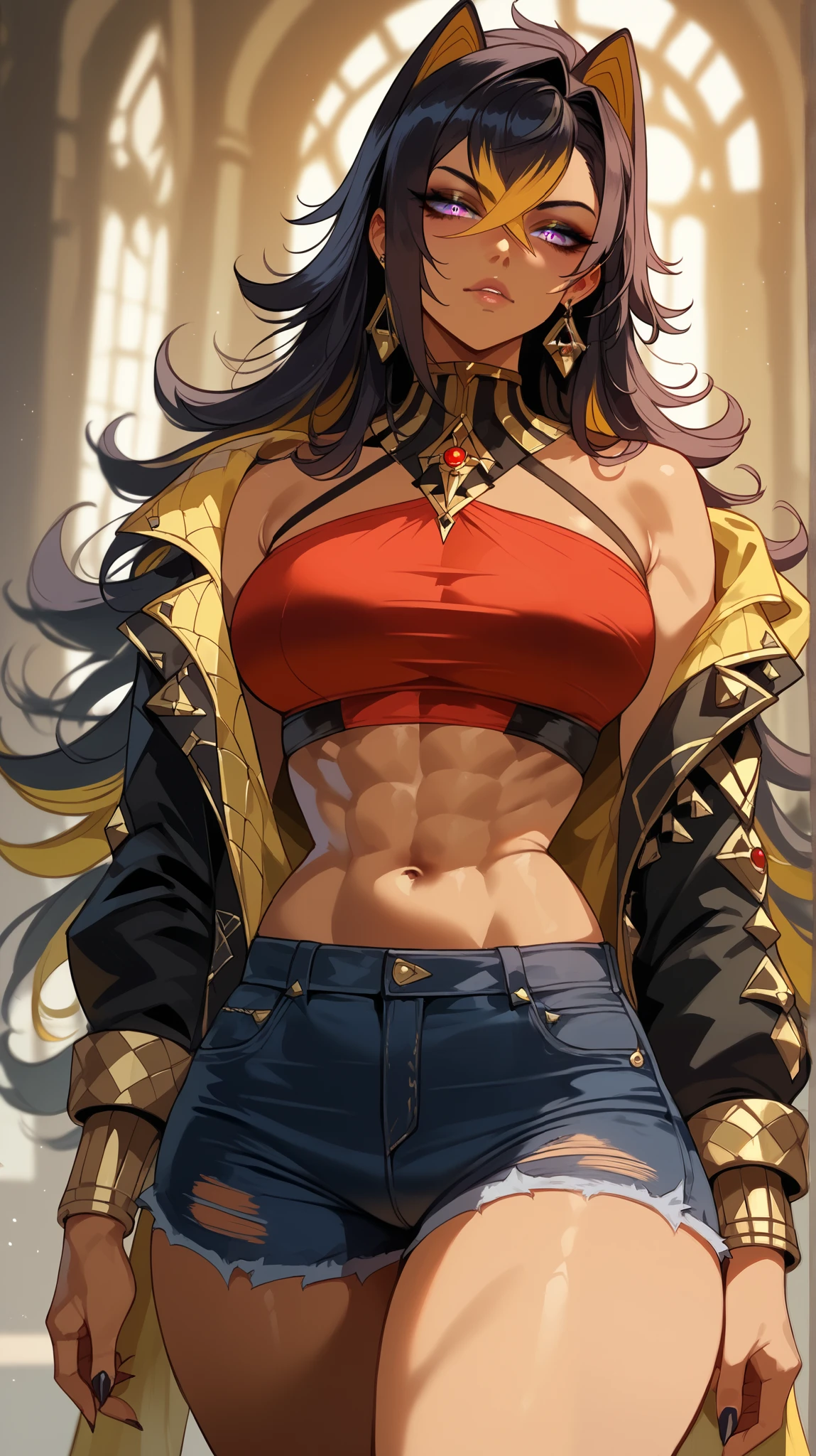 (best quality:1.5, highres, UHD, 4K, detailed lighting, shaders),best quality eyes, perfect hands, perfect finger, black curly haired, gradient hair, big breasts, red bra, big thighs, big butt, red jacket, red long pants, mature woman , (pov), black background, colorful eyeshadow, dramatic lighting, sparkling, happy expression, golden earrings, flowing hair, delicate facial features, dark skin, high cheekbones, urban setting, black background, dont look for the camera, behind the camera