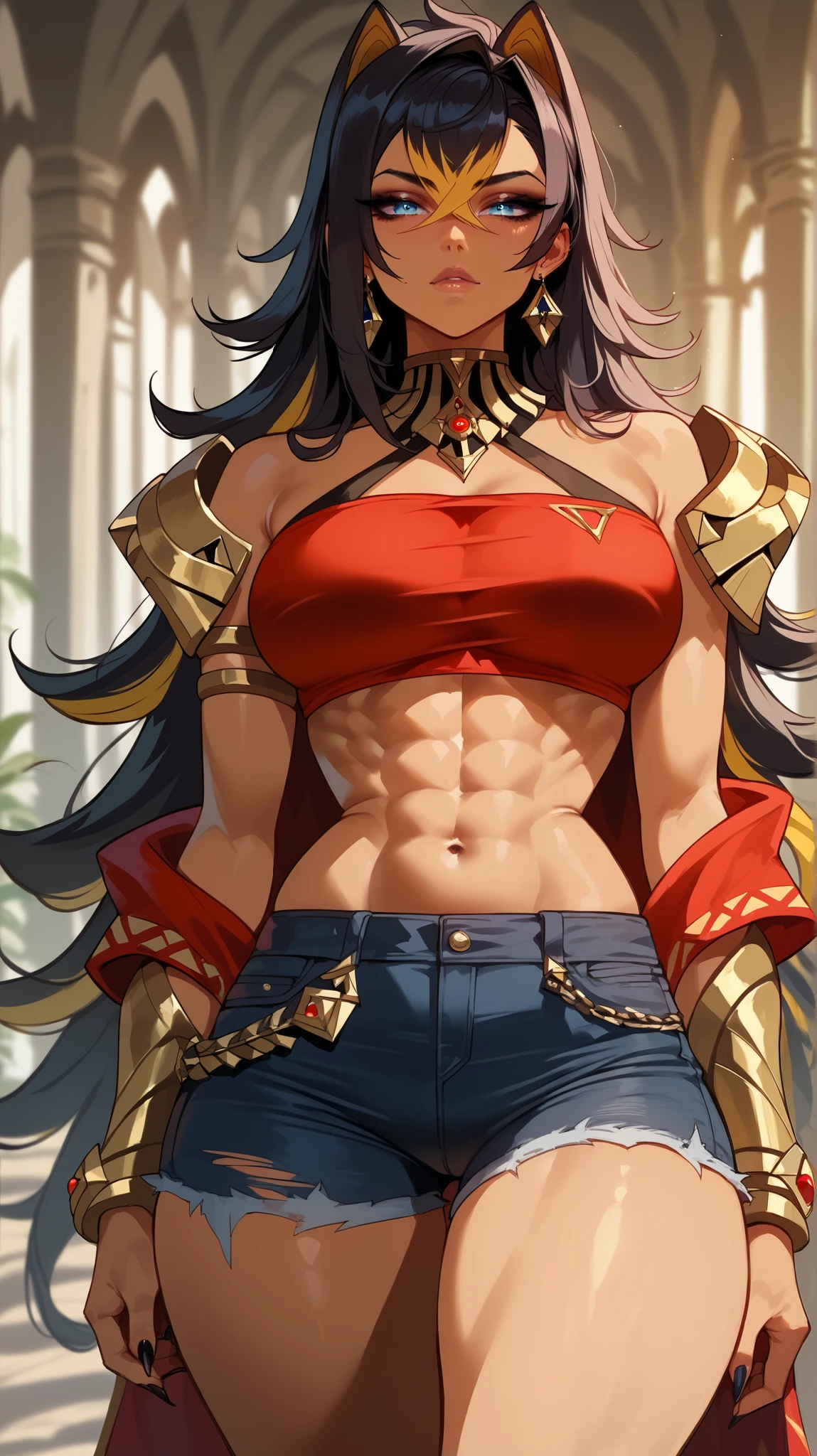 (((muscular))), (thick thighs, small breasts, toned body, 1 girl), black hair, pale skin, yellow eyes, angry, very long hair (((viking armor)))