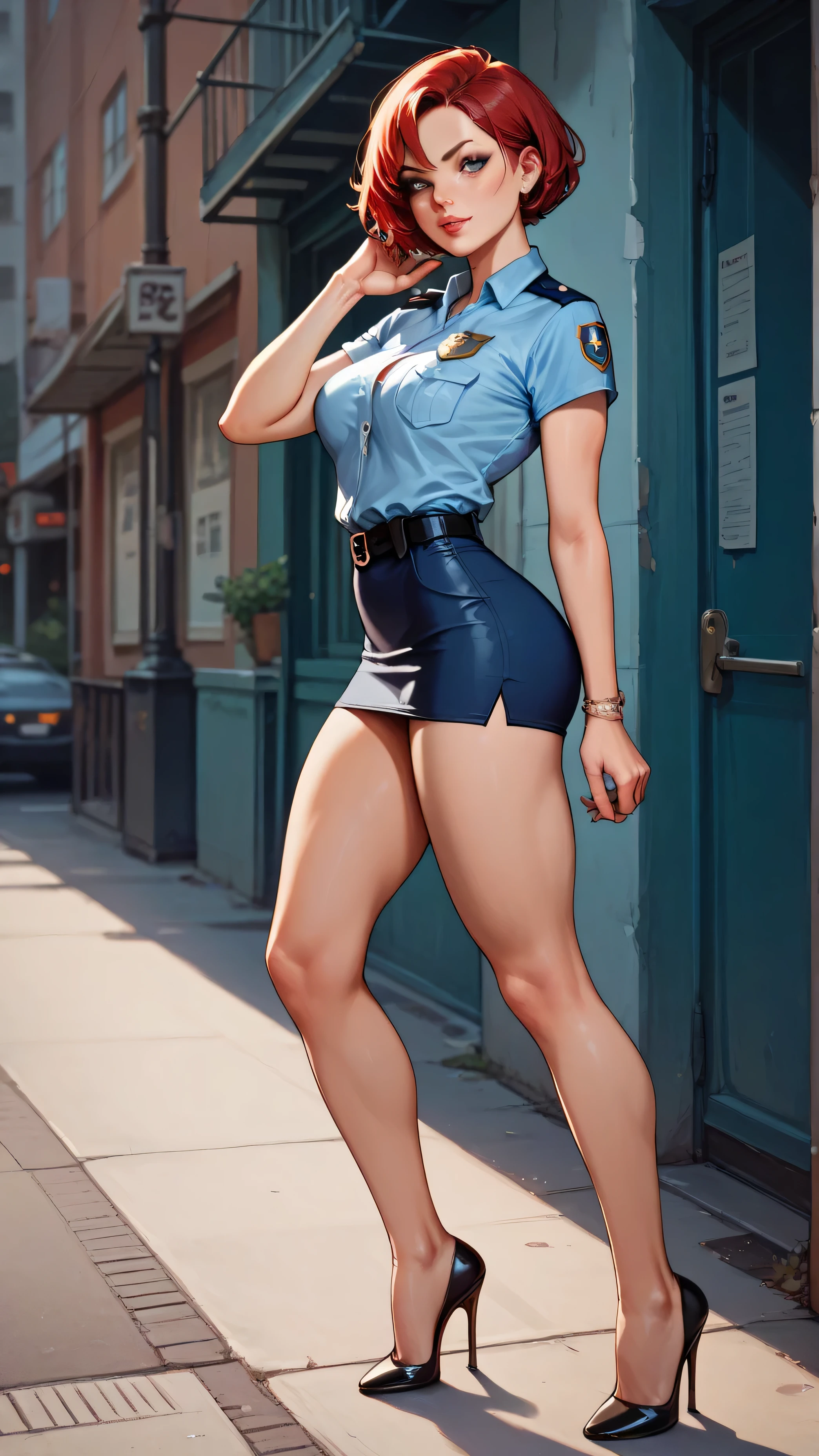 Policewoman , miniskirt,  big boobs ,  heels,  red short hair, shirt with open neckline, thick legs,  slim ankles , sexy