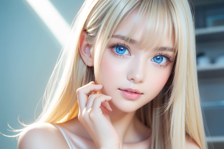 Portrait、、Bright expression、ponytail、Young, lustrous, glowing, white skin、The best beauty、Blonde reflection、Natural platinum blonde hair with dazzling highlights、Shiny bright hair,、Super long silky straight hair、Shiny beautiful bangs、Bright, clear, attractive, large blue eyes、Very beautiful lovely cute 16 year old girl、Ample Bust