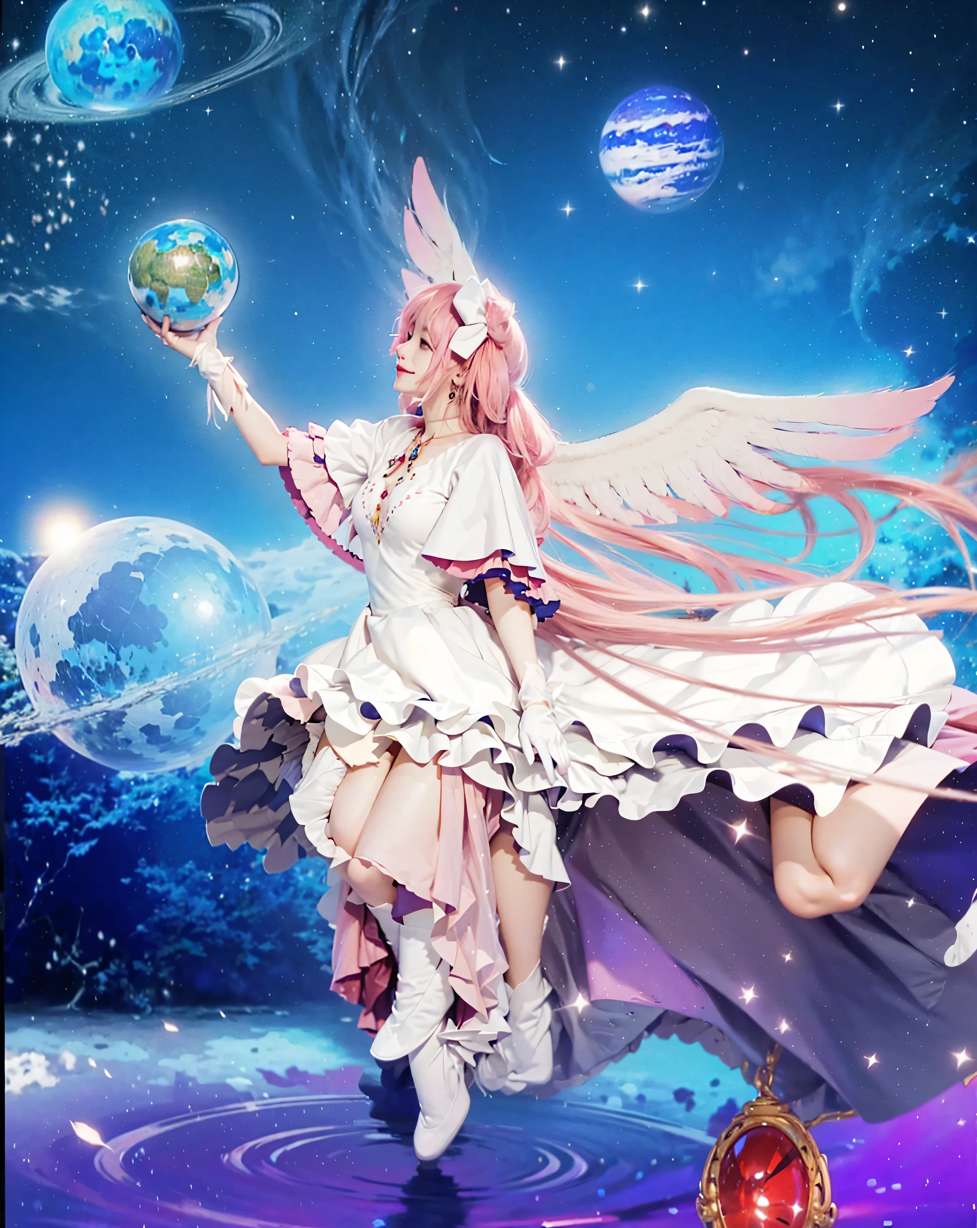 ((MADOKA KANAME_PUELLA MAGI MADOKA MAGICA)),((realistic, photorealistic)),(highlight hair)), Light reflection, (( HD )),((upper body)), (((best quality, masterpiece))), (masterpiece) (best quality) (detail) (8k) (HDR) (wallpaper) (cinematic lighting) (sharp focuasterpiece, best quality: 1.1), Real life adaption of this character, Asian beauty face, Shining green eyes, realistic outfit, realistic shadow, realistic light, realism, hyper realistic,realistic hair, realistic background,(photorealistic:1.2), 1girl, (masterpiece, best quality), best resolution, 1girl, orion,planet,stars,1girl,pink hair ,red bow,pink eyes, kaname madoka,twintails,gloves, magical girl, choker, short dress,sunshine, windy, cherry blossoms, cherry blossom garden, aesthetic, intricate, sharp focus, best quality, extremely detailed,1girl, solo, cowboy shot, from above, BREAK Madoka Kaname, (detailed shiny_anime_style_eyes), extremely detailed textures, smiling,Starry sky background, planets, wings, flying pink hair, Holding a globe, flying dress, blinks, little stars, reflective water, posing