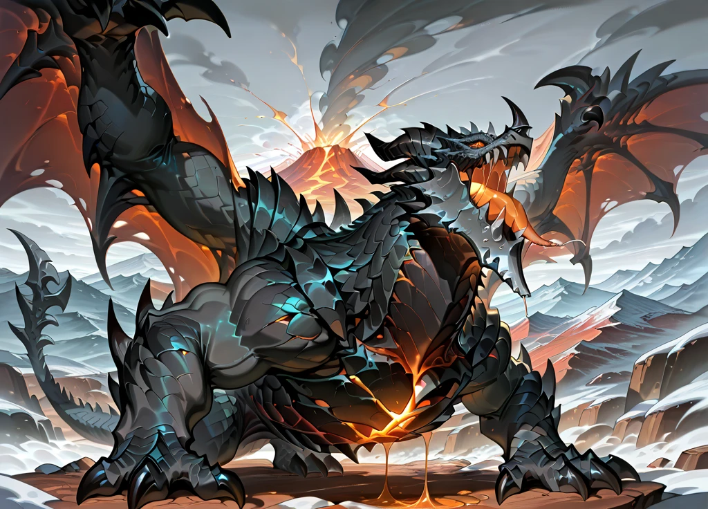 HCSV1, ((masterpiece, best quality)), highres,
konya karasue,flat color,lineart,full body,
year 2024, year 2023,
deathwing, dragon, monster, feral, muscular, (metal jaw:1.06), glowing chest crack, metal chest, white jaw, black horns, wings, orange eyes, multiple horns, nose horn, claws, solo, (black_scales:1.1), (black body:1.1), large wings, red dragon wings,spread wings, all fours, 4 fingers, claws, toe claws, all fours, looking up, Growling, open mouth, saliva trail, saliva, roaring, tongue out, forked tongue, orange tongue, depth of field, grey sky, cloud, Volcano, magma, mountain range, cloud,