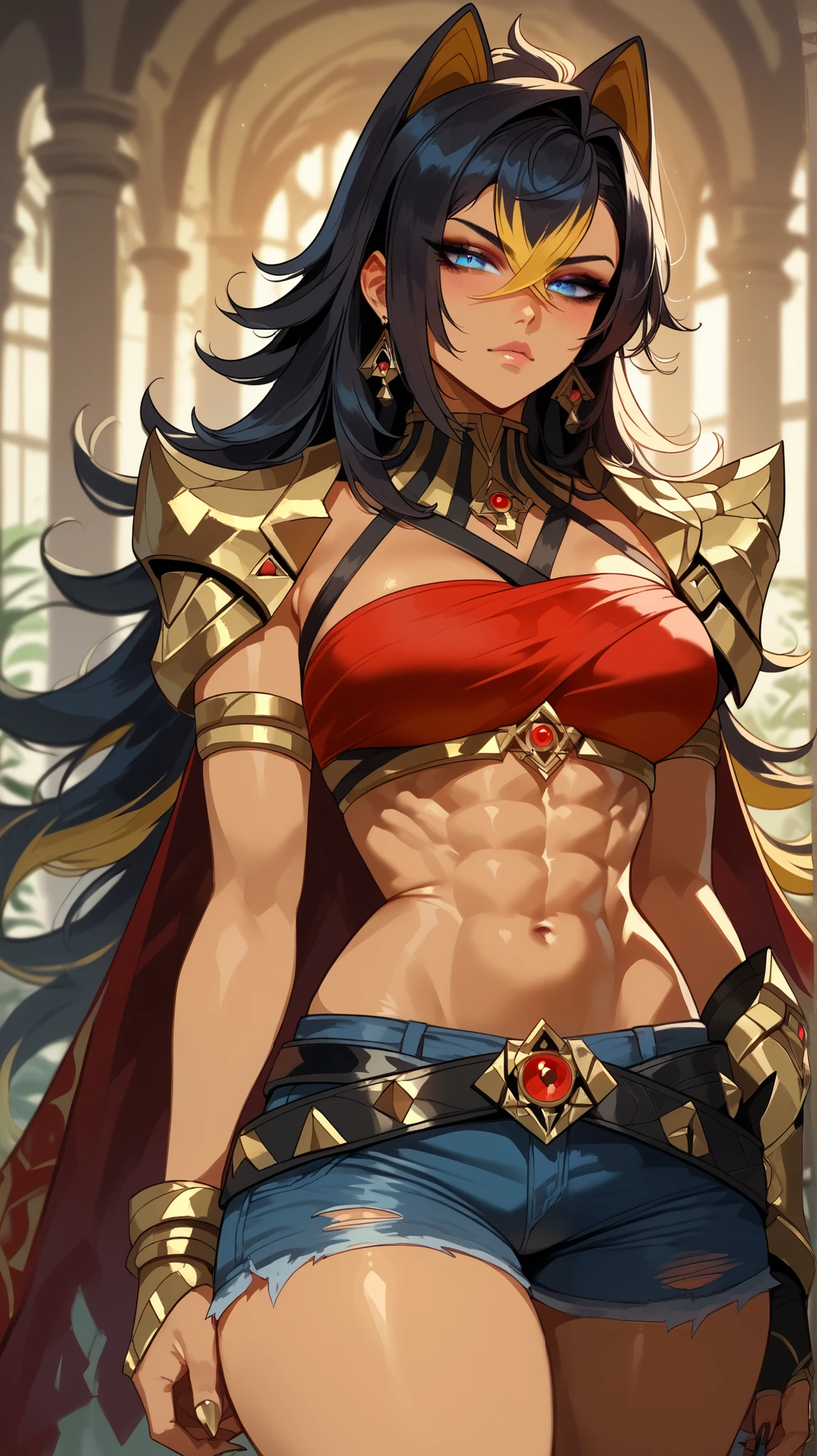 Beautiful full-body woman, 30 years old, muscular and perfect body, barbarian warrior with little clothing, tiny thong, large breasts, generous neckline, holding a blood-stained sword, brave face, dark kingdom, sexy pose, walking