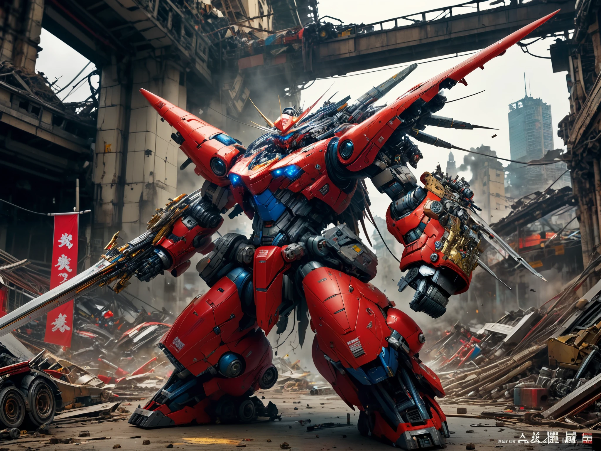 "A group of future robots, incredibly bulky, powerful, and fierce, with bodies in red, blue, and yellow, covered in intricate details of wires, hydraulics, and mechanical components. They are holding large mechanical swords and the Malaysian flag. The setting is amidst a ruined cityscape, with collapsed buildings and debris scattered around. The image is captured with a Canon 5D Mark IV, showcasing ((hyper-realistic details)) with cinematic lighting highlighting the robots' metallic surfaces and imposing presence. The scene feels intense, dramatic, and full of raw power, with a gritty atmosphere."
