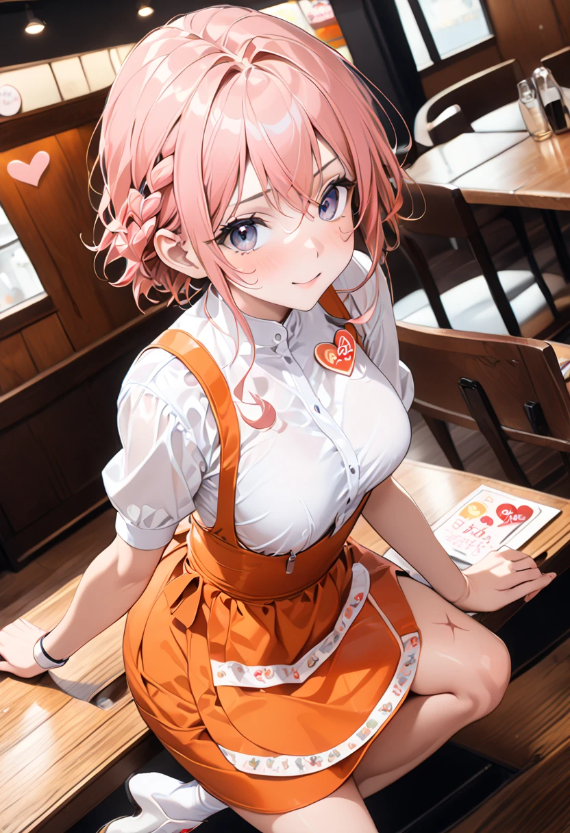  ((M leg))、(((((Anna Miller)),  waitress uniform, orange high-waist skirt, Suspender skirt with heart-shaped name tag,  apron,  restaurant ))),, ((Shiny Costumes)), (()), skinny, Alone,  1 female, masterpiece,  best quality,  best quality, 16k,  unbelievably ridiculous ,  very detailed, 2.5D, AI-generated,  Delicate and Dynamic,  very delicate expression,  delicate eye description,  , only   woman, (( cute and kind face )), Healthy body shape, (( 1 female)), Height: 160cm,  Medium Firm Shaking Bust,  ( short hair), ( pink hair with a scar:1.5),  bob cut,   Blackeye ,, , sweat, embarrassing, , (( Thin Thighs)),  glossy,  Standing Picture of Shots Above the Shins , ((( heatstroke))), (( oily_skin)), ((たくさんのsweat)), (( Dutch angle)), ((  pose)), ((( dynamic pose ))), ( :0.5), ( Visible  :0.5), (  :0.5), Bright sunny park,(((M leg)))