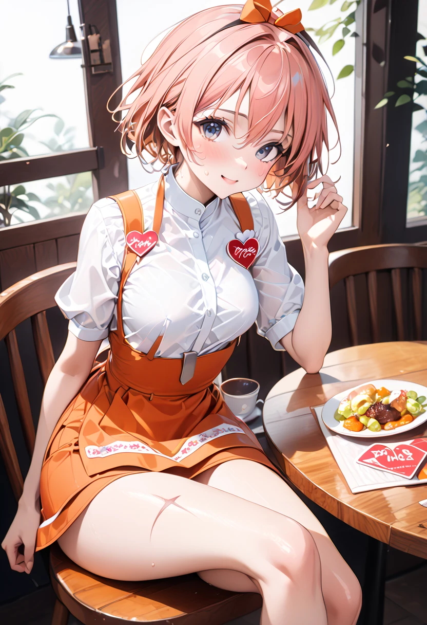  ((M leg))、(((((Anna Miller)),  waitress uniform, orange high-waist skirt, Suspender skirt with heart-shaped name tag,  apron,  restaurant ))),, ((Shiny Costumes)), ((?????????????)), skinny, Alone,  1 female, masterpiece,  best quality,  best quality, 16k,  unbelievably ridiculous ,  very detailed, 2.5D, AI-generated,  Delicate and Dynamic,  very delicate expression,  delicate eye description,  ??????, only  ???? woman, (( cute and kind face )), Healthy body shape, (( 1 female)), Height: 160cm,  Medium Firm Shaking Bust,  ( short hair), ( pink hair with a scar:1.5),  bob cut,   Blackeye ,, , sweat, embarrassing, ????, (( Thin Thighs)),  glossy,  Standing Picture of Shots Above the Shins , ((( heatstroke))), (( oily_skin)), ((たくさんのsweat)), (( Dutch angle)), (( ?????? pose)), ((( dynamic pose ))), ( ????????:0.5), ( Visible ??????? :0.5), ( ????? ???????:0.5), Bright sunny park,(((M leg)))