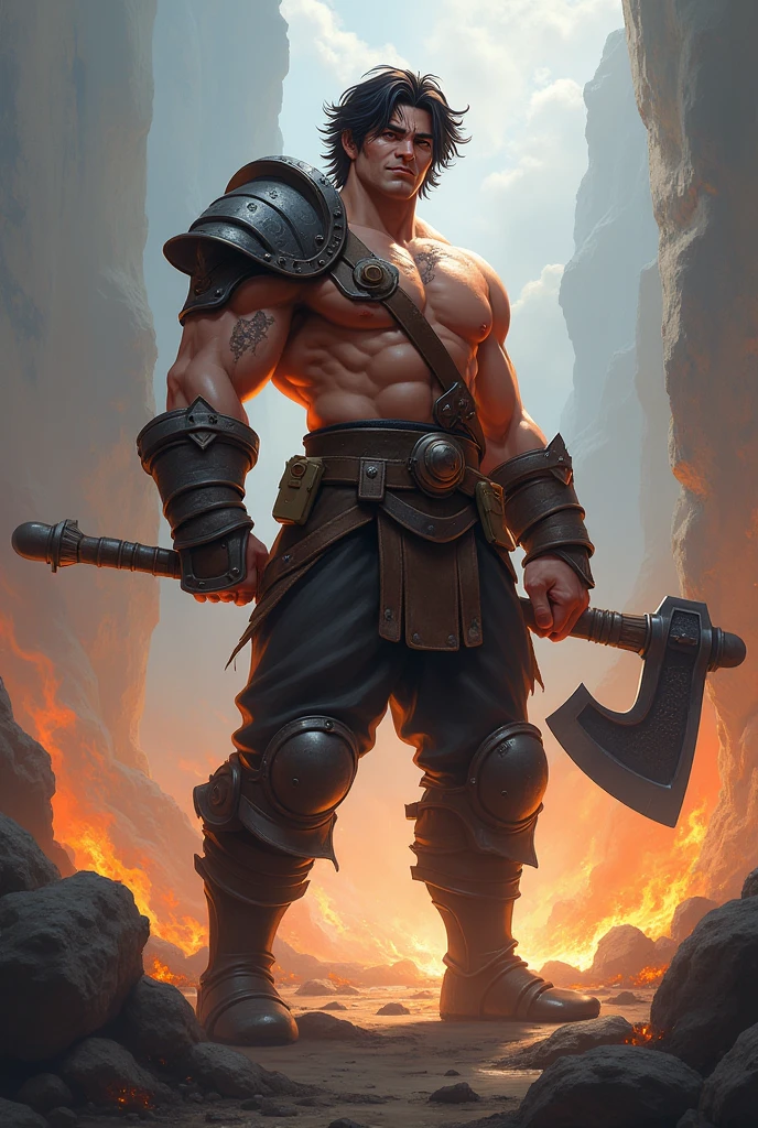 a rpg dwarf, strong, muscular hulk, bearded, leather clothes, forging a sword, bottom, furnace, fire.