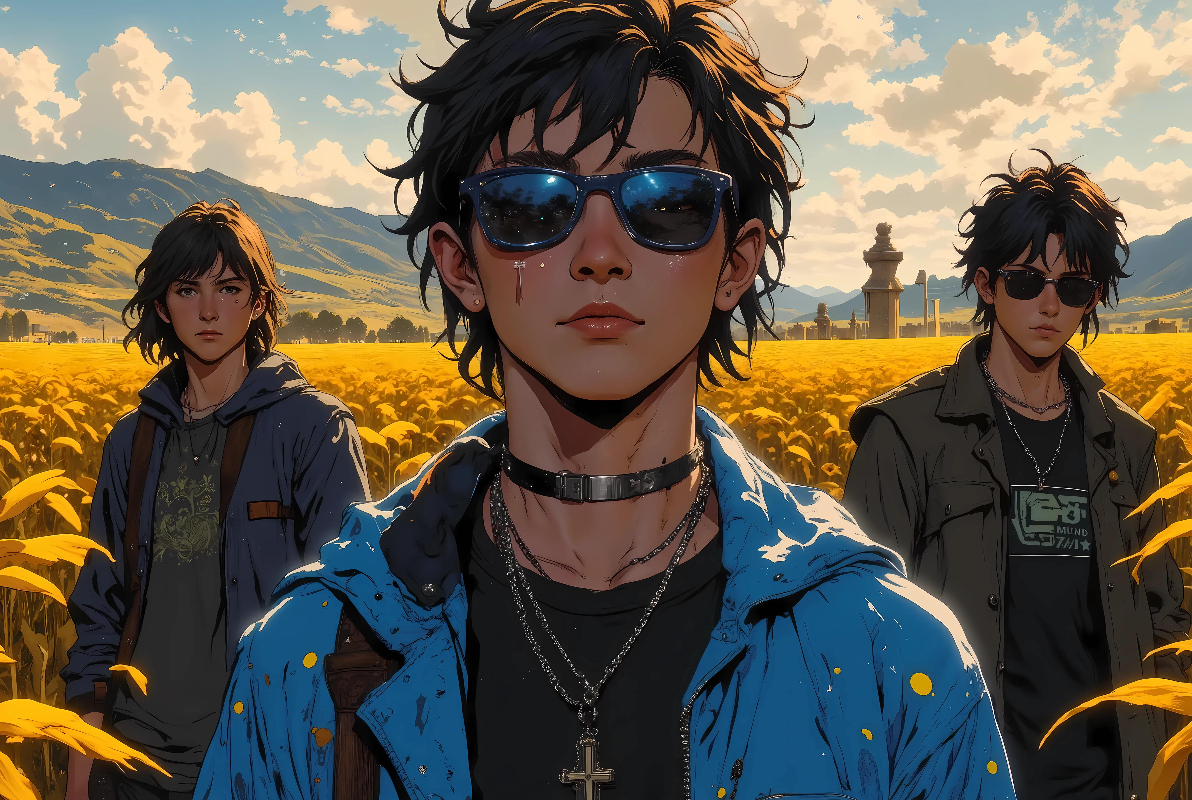 (( RAW photo), absurdo, ( absurd resolution)), masterpiece, envelopes, ( Extremely detailed 8k unit CG wallpaper), ( best illustration), ( best shade), realistic lighting , detailed and beautiful glitter, ((20 years old)), blue jacket , necklace with a cross, 4 jovenes en una banda de ROCK, caminando por campo de maíz, black sunglasses,