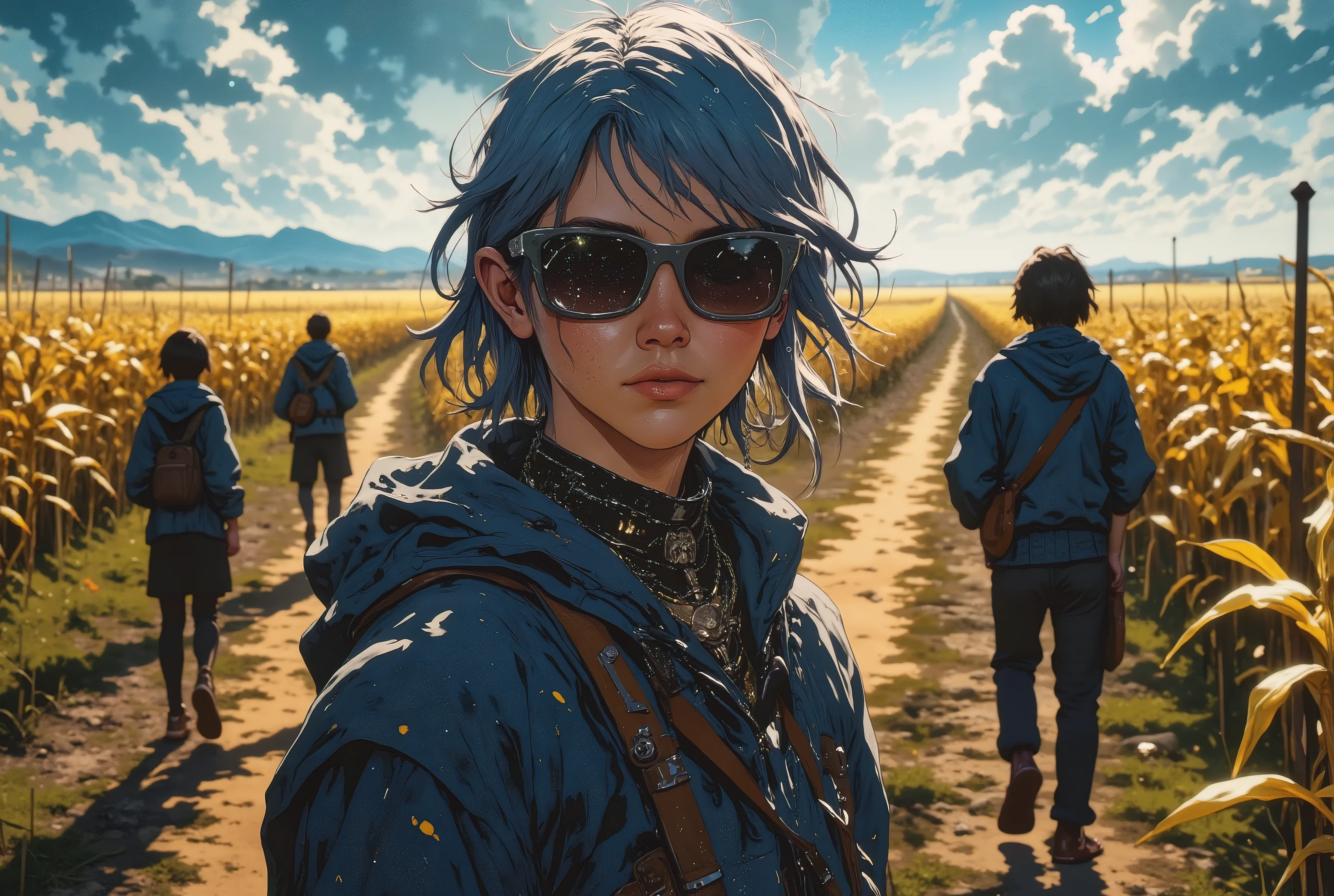 (( RAW photo), absurdo, ( absurd resolution)), masterpiece, envelopes, ( Extremely detailed 8k unit CG wallpaper), ( best illustration), ( best shade), realistic lighting , detailed and beautiful glitter, ((20 years old)), blue jacket , necklace with a cross, 4 jovenes en una banda de ROCK, caminando por campo de maíz, black sunglasses,