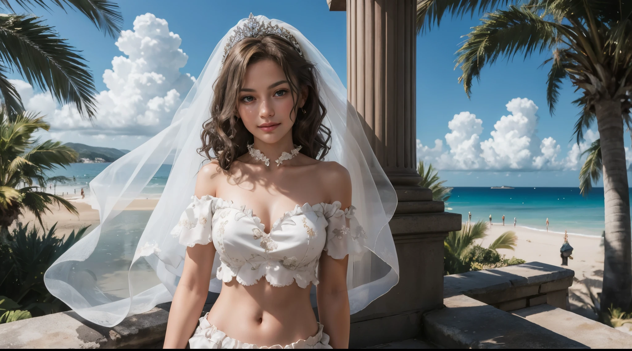 beautiful girl wearing sexy crop top, BREAK, girl, (white) off-shoulder strapless (crop top), full-floral-embroidered, ruched ruffle details, (wedding dress:0.8), (yo, , cute:1.4), large breasts, bare shoulders, navel, luxurious, gorgeous, very beautiful, wavy hair, blonde hair, looking at viewer, gentle smile, veil, subtle intricate tiara headpiece, detached ruffle-collar, outdoor, beach, skies, clouds, trees,