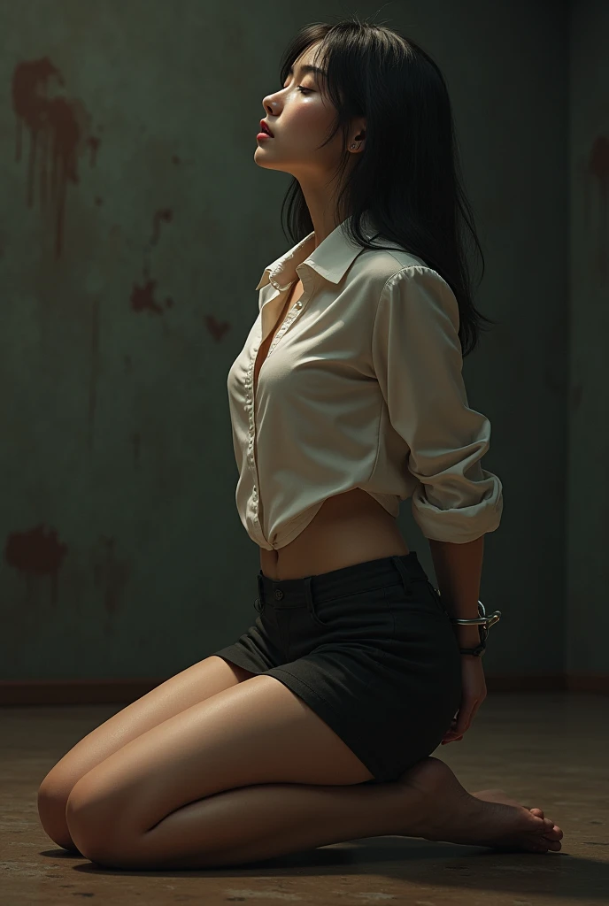 ((sexy girl:1.3)) ((under:)) ((Soaked in sweat:1.3)) ,((Wearing a classy black unbuttoned shirt.、tied, and a short, frayed black gauze skirt., The skirt was torn like a piece of cloth. Frayed until you could see your underwear.:1.25)),(Slender legs、Both legs were tied to the chair, legs spread open., 性感的high heels:1.5,แขนขาถูกโยงด้วยchain), (dirty, bruised, blood: 1.3), (exposed เสื้อผ้าสีดำฉีกขาดแหว่งเหนือนม ใช้เชือกtiedโยงกันหลุด, Clothes torn like rags, The sleeve of the shirt was torn, revealing the lower breast., (ยกทรงขาดแหว่งใช้เชือกมาtiedดึงไว้ห่างๆ): 1.3), ((best quality,Masterpiece,Ultra high resolution)), (realistic:1.4), original photo, (Realistic skin texture:1.3), (Film texture:1.3), Panorama, Portrait, Very wide lens,Willow Yao,Cowboy shooting,(in the dark, deep shadow, low profile, cool light,) ,dust,Tyndall Effect, (urgent), Beautiful and detailed eyes and face, brown eyes, ((full body shot:1.3)) ((close up:)) ((flat stomach)) ((separate)) ((shooting:1.2)) ((big breasts、ความแตกseparateขนาดใหญ่)) ((high heels:1.3)) ((wet:1.2)) ((被chain:1.2)) ((shirt collar、chain:1.2)) ((stand))