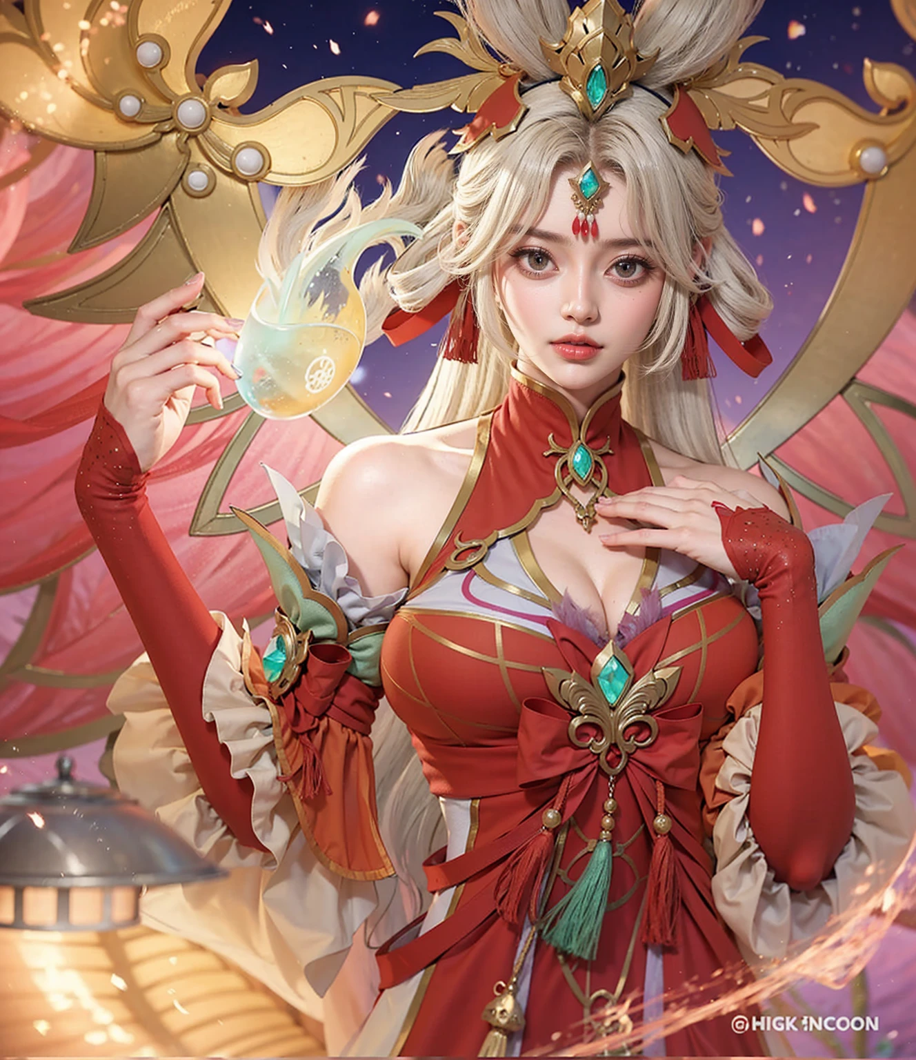 finest image, detailed and delicate depiction, Japanese painting, ukiyo-e style, (chibi character, deformed, full body, big head:1.5, line art), cute vampire, fearless smile, double teeth, messy blonde medium hair, paw pose, red dress and black cloak, wings, iridescent light glass crystal metal-plated fantasy room, background that emits fantastic light, light particles, light sparkles, iridescent light particles, many falling petals, professional lighting