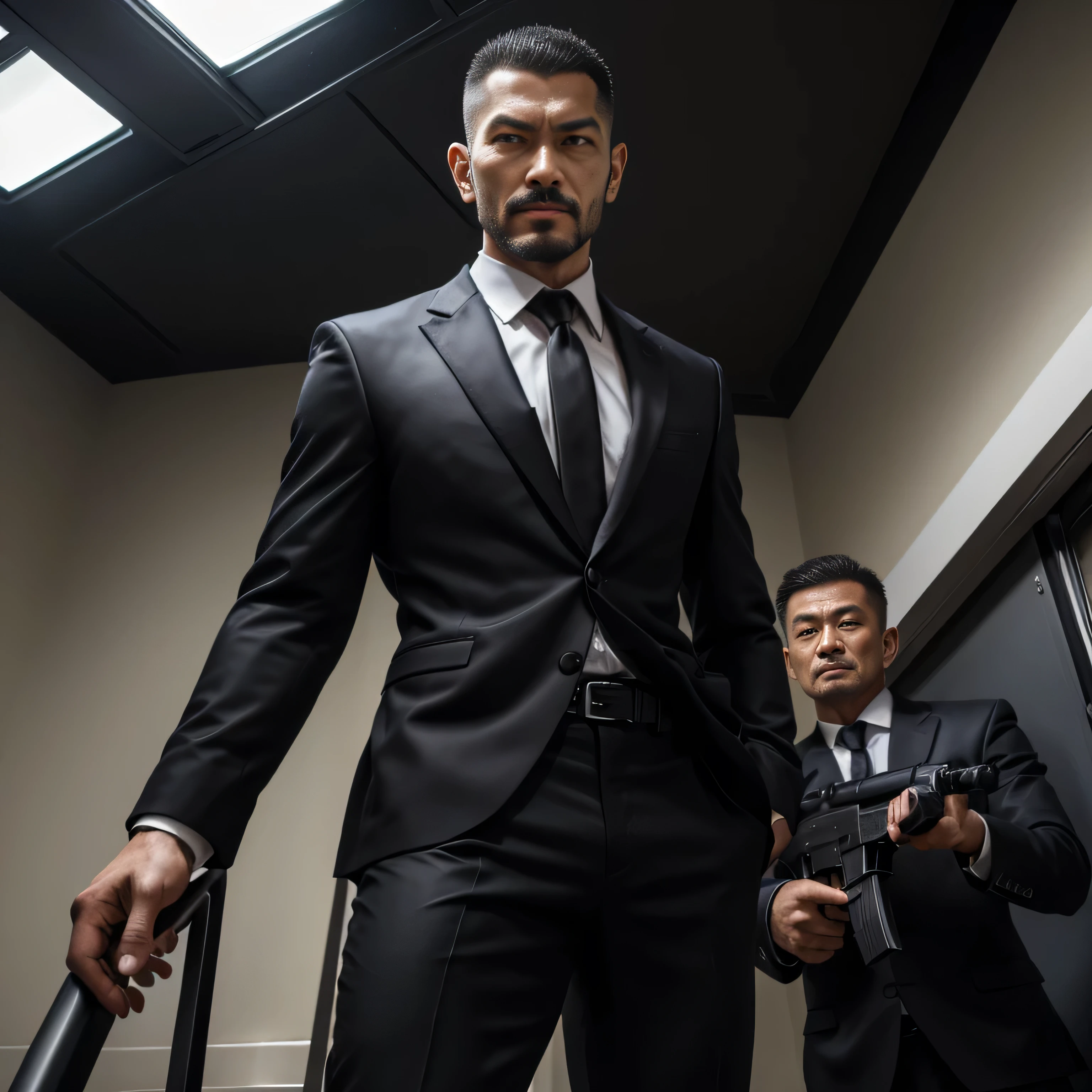 50 years old,2 people are muscular 、 black suit 、black tie、black slim pants、 carry a pistol on my lower back、In combat、outside、Inside the car、logic, , black hair、Short Hair。 very short hairstyle 、Five Minute Shearing Head Asian scary face Yakuza members sniper 、Prey-Aiming Posture 、 Seen From Below。 upper body up black slim pants black slim pants pants chuck Hermès belts upper body up black gloves Combatant Descending stairs defense I'm smirking Security Guard